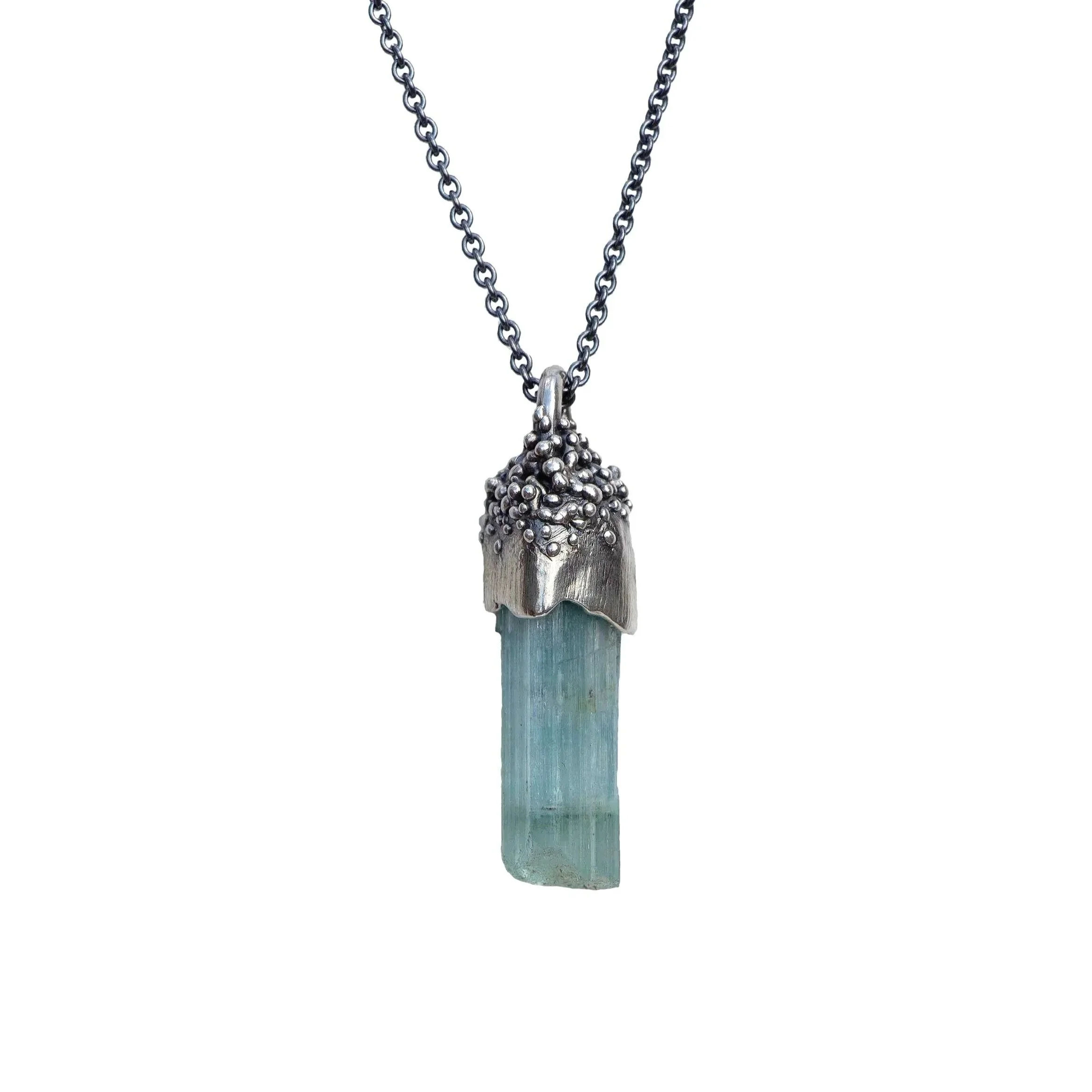 Aquamarine Wand Lichen Cone Necklace Silver 1