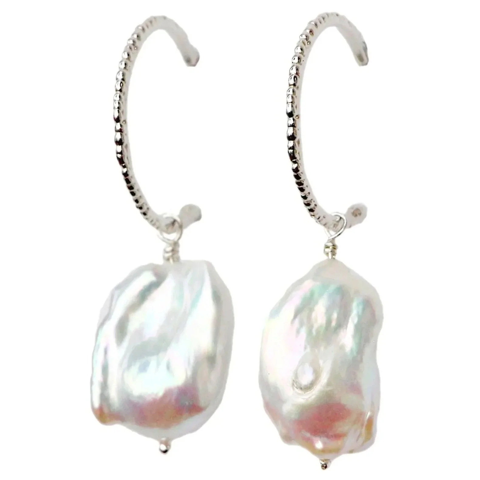 Skinny Lichen Hoops with Large Baroque Pearls Silver