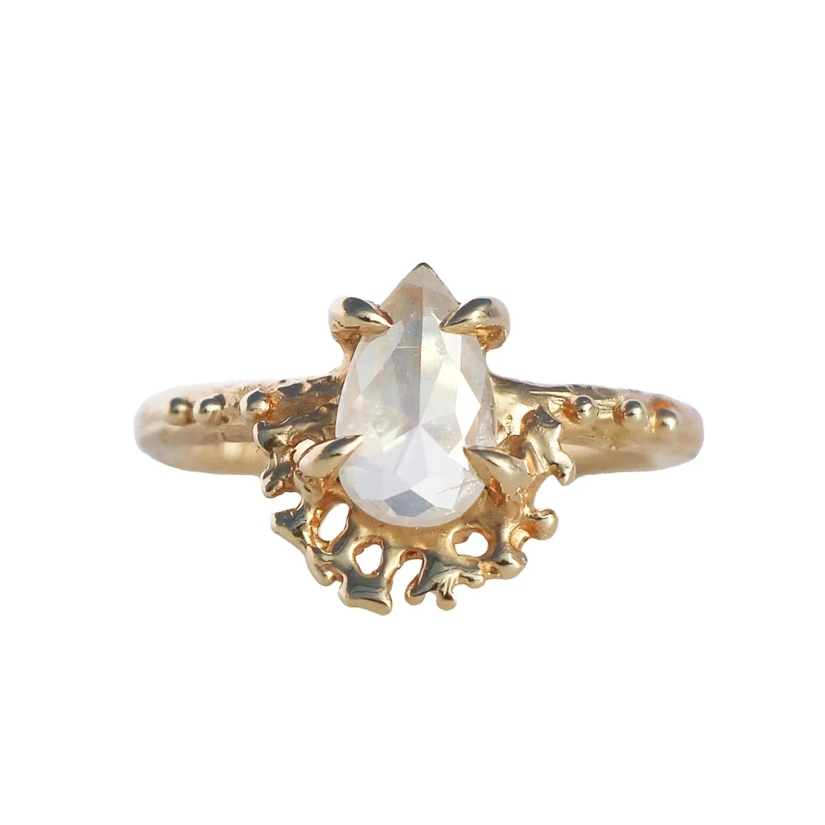 Pear Diamond Coral Ring 14k Yellow Gold