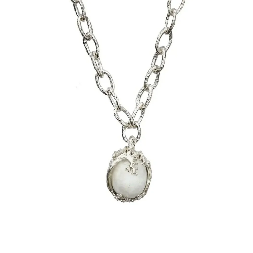 Chain Link and coral Collar Necklace with Large Canadian Pearl Silver