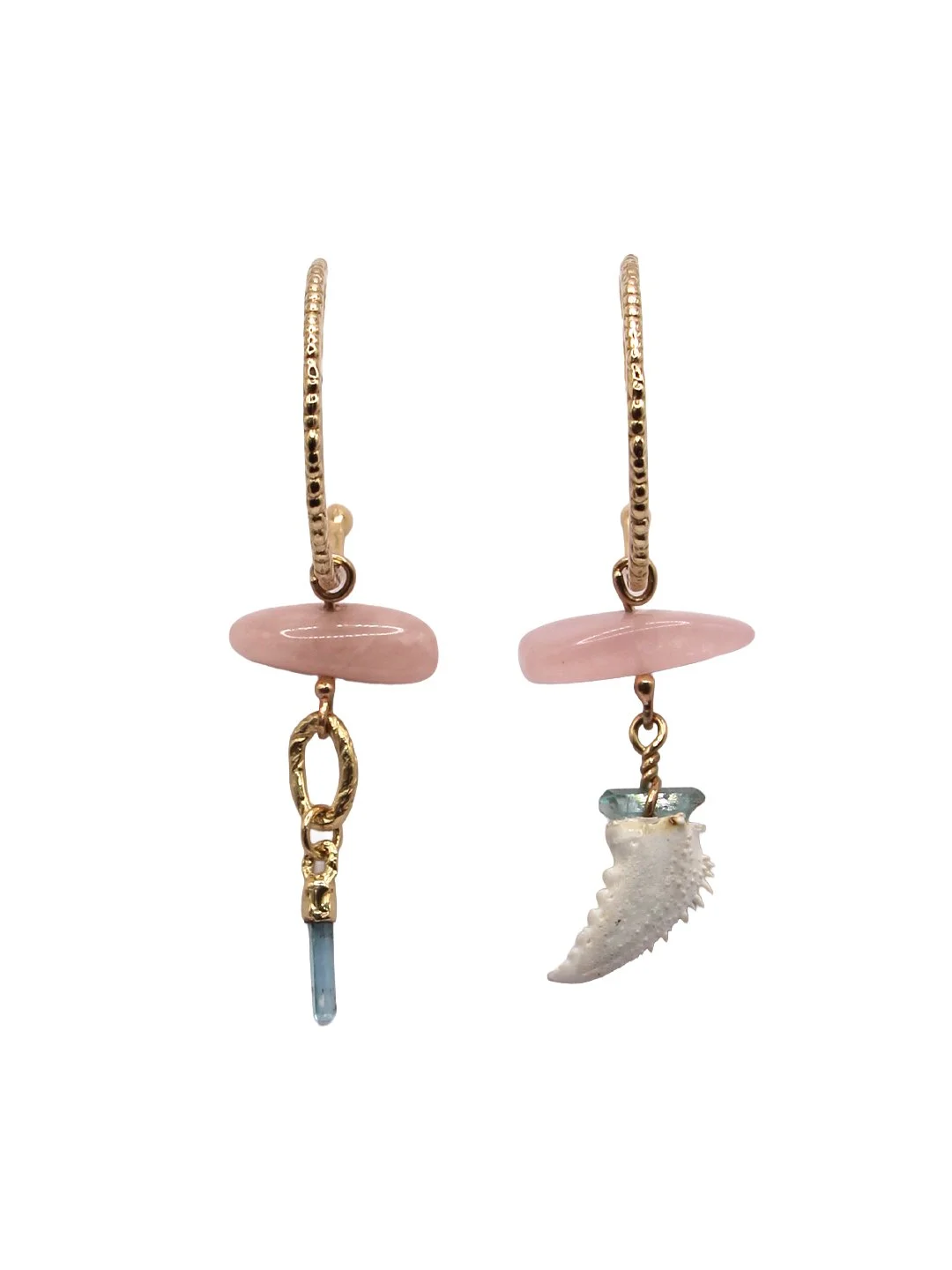 Crab Claw, Rose Quartz & Aquamarine 14k Hoops