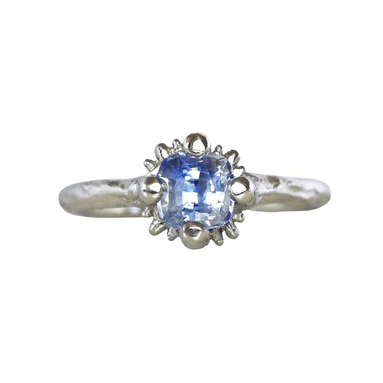 Blue Cushion Cut Sapphire Platinum Urchin Ring