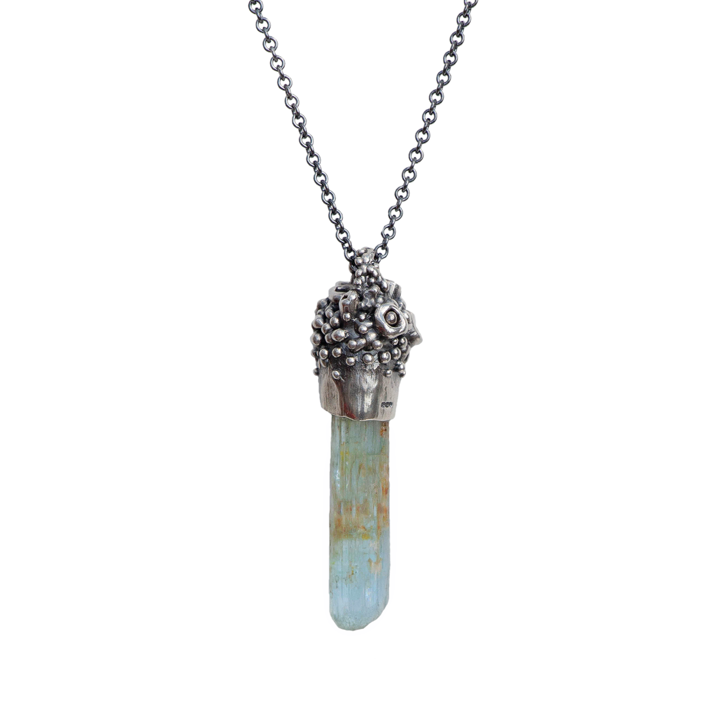 Aquamarine Wand Lichen Cone Necklace Silver 2