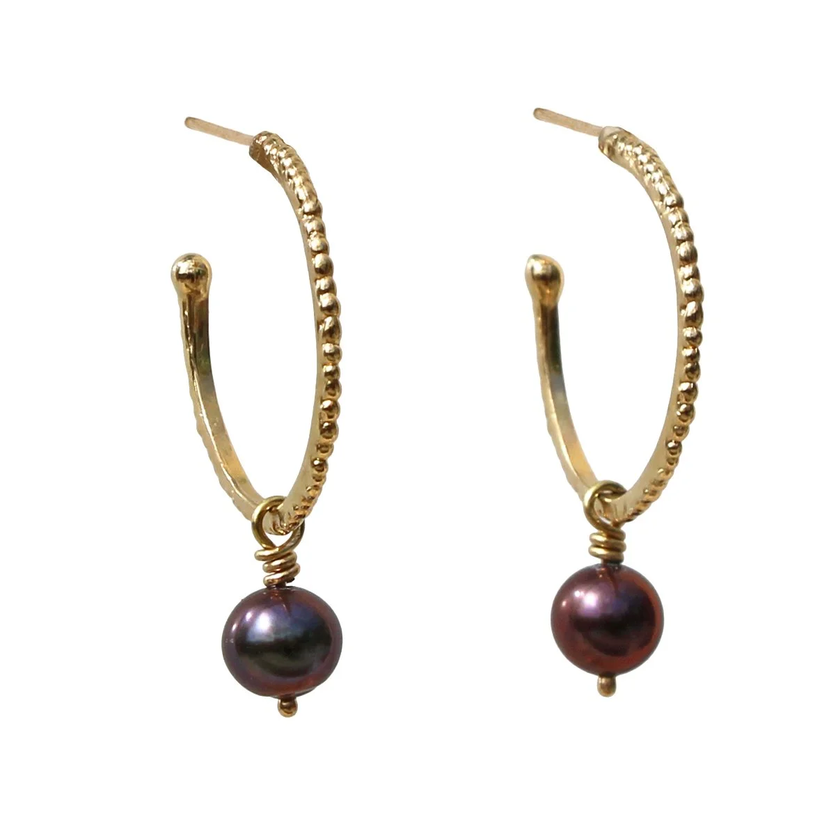 14k Skinny Lichen Hoops with Tahitian Pearls