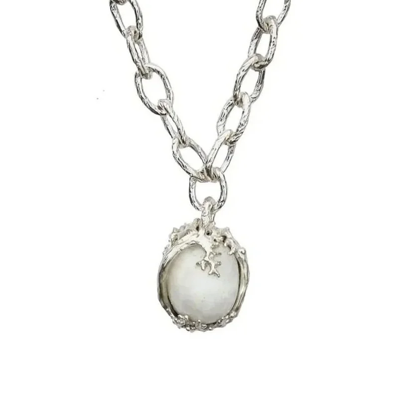 Chain Link and coral Collar Necklace with Large Canadian Pearl Silver