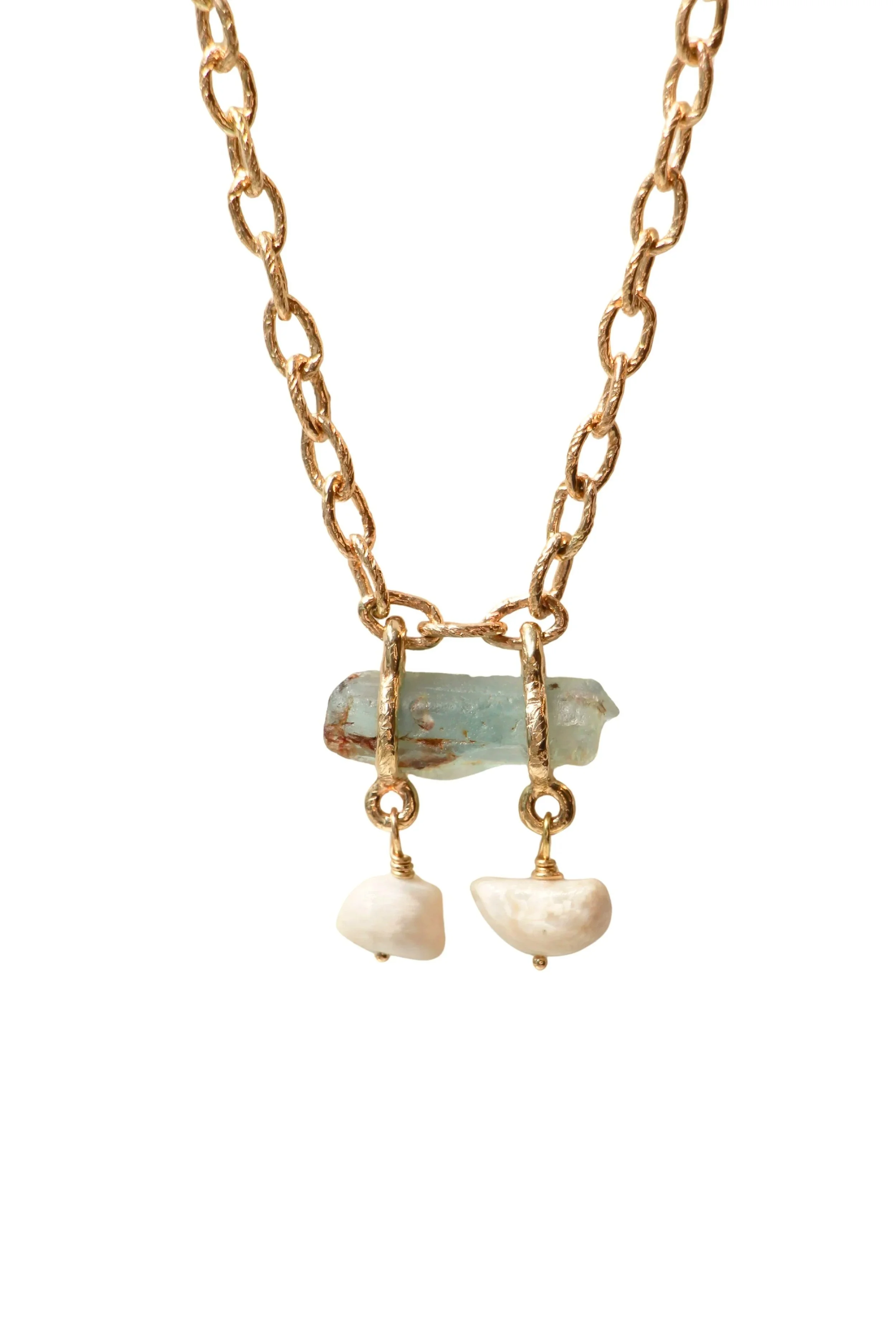 Aquamarine Crystal & Pearl Chain Link 9k Yellow Gold Necklace
