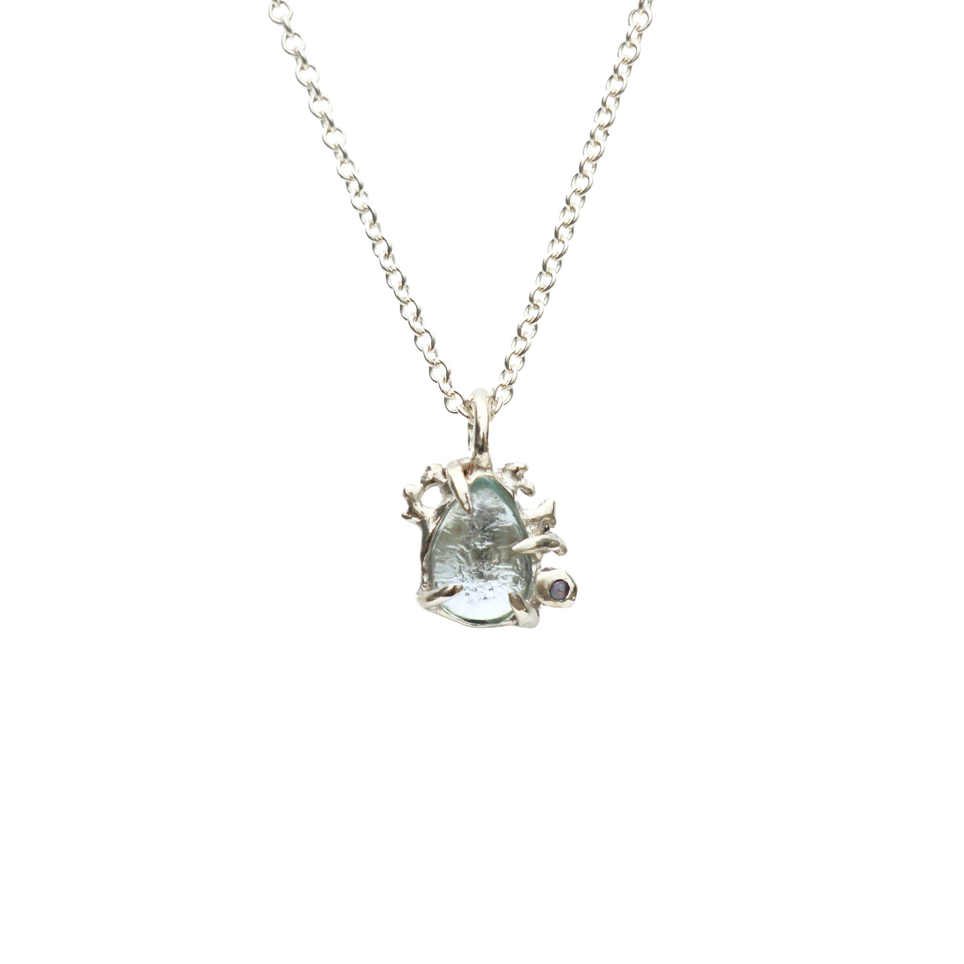 Aquamarine & Falklands Pearl Coral Necklace Silver 1
