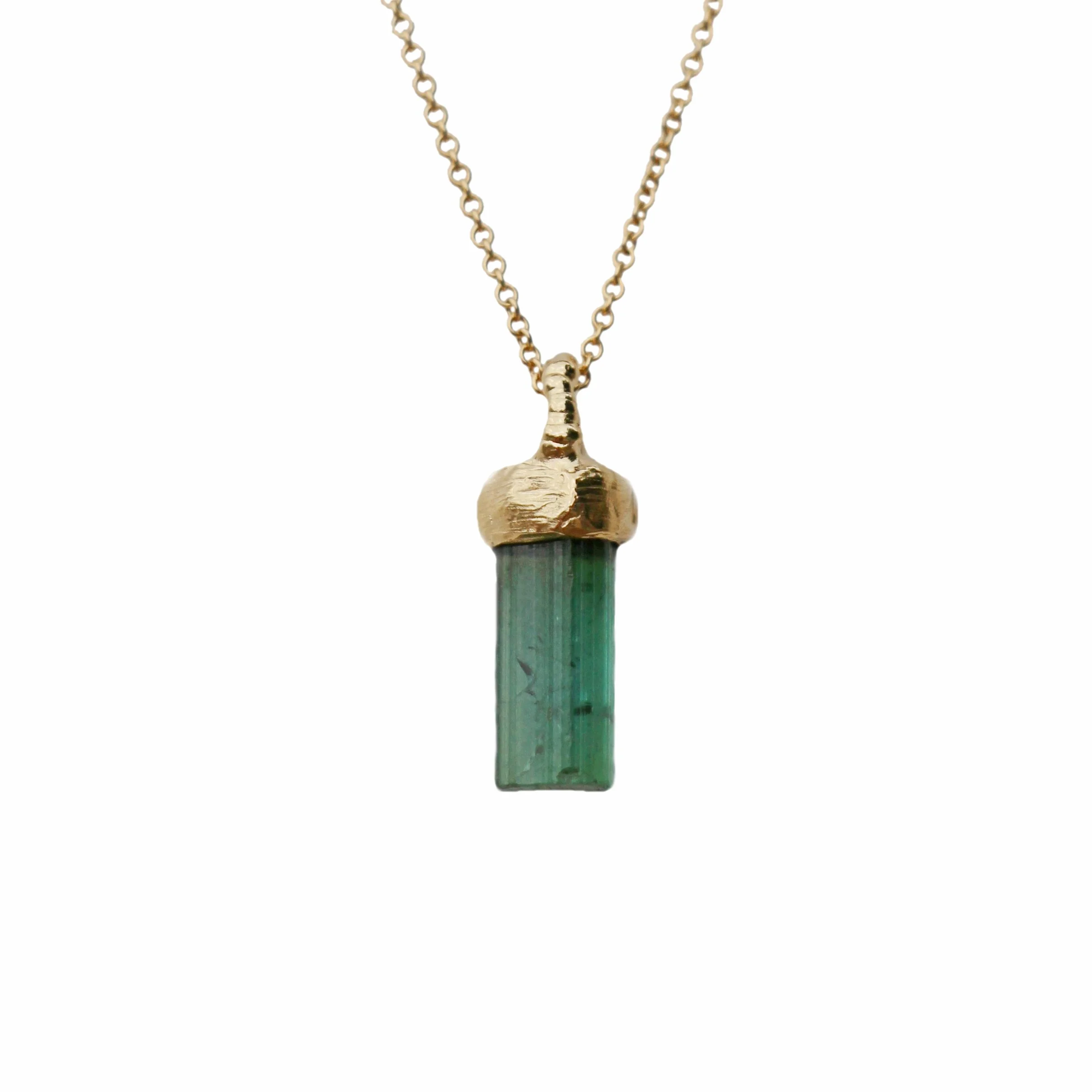 Tourmaline Wand Lichen Cone Necklace 14k Yellow Gold