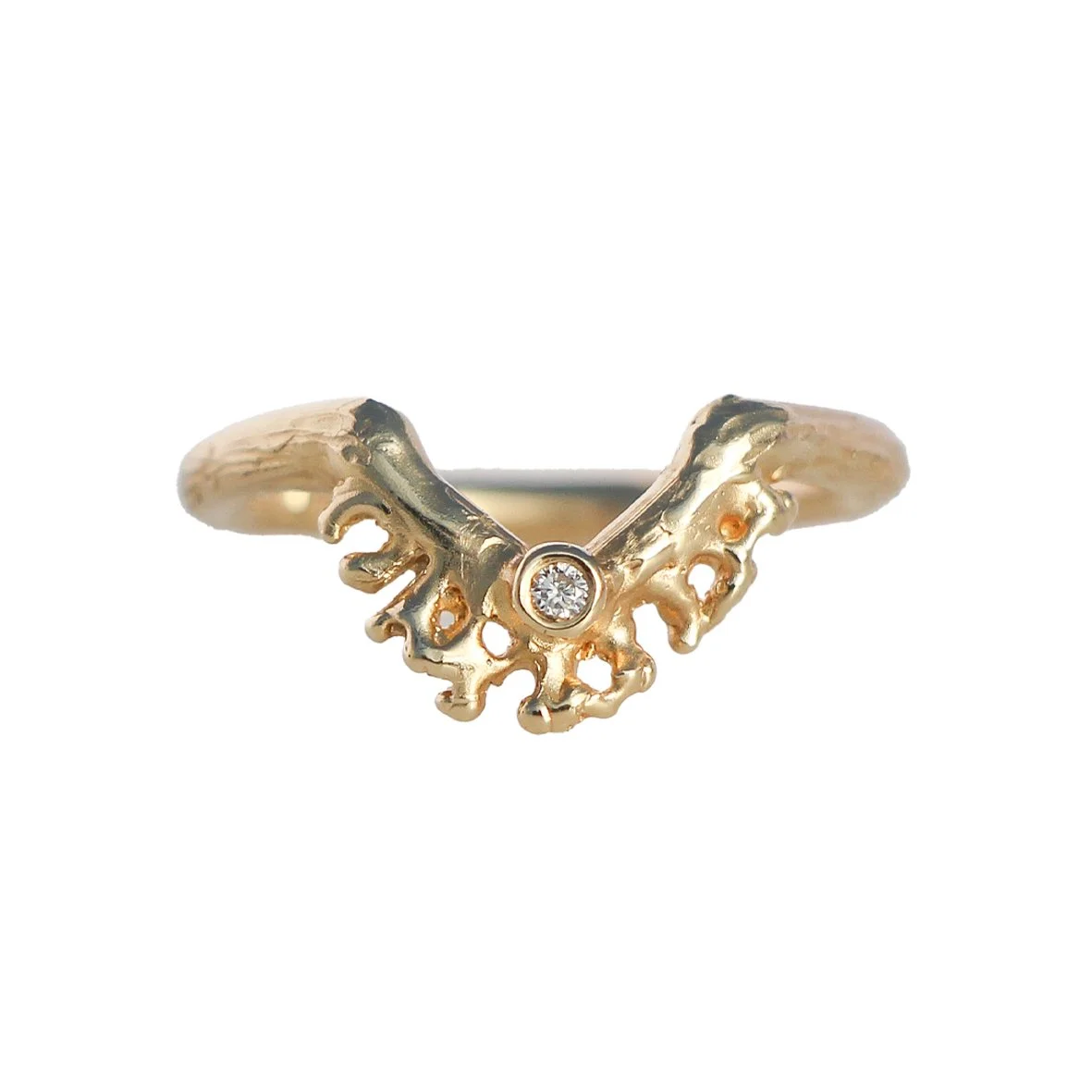 Deep Coral Halo Stacker with tiny Diamond 14k Yellow Gold