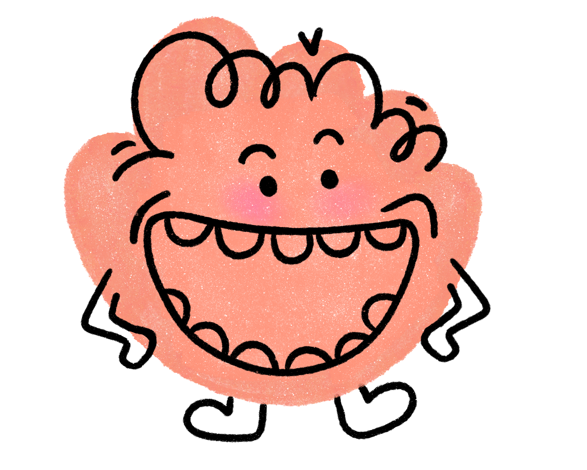 A cartoon drawing of a pink, fuzzy monster with a big, open-mouthed smile showing several teeth, with one eye, curly hair, and a few lines indicating fur or hair on top of its head.
