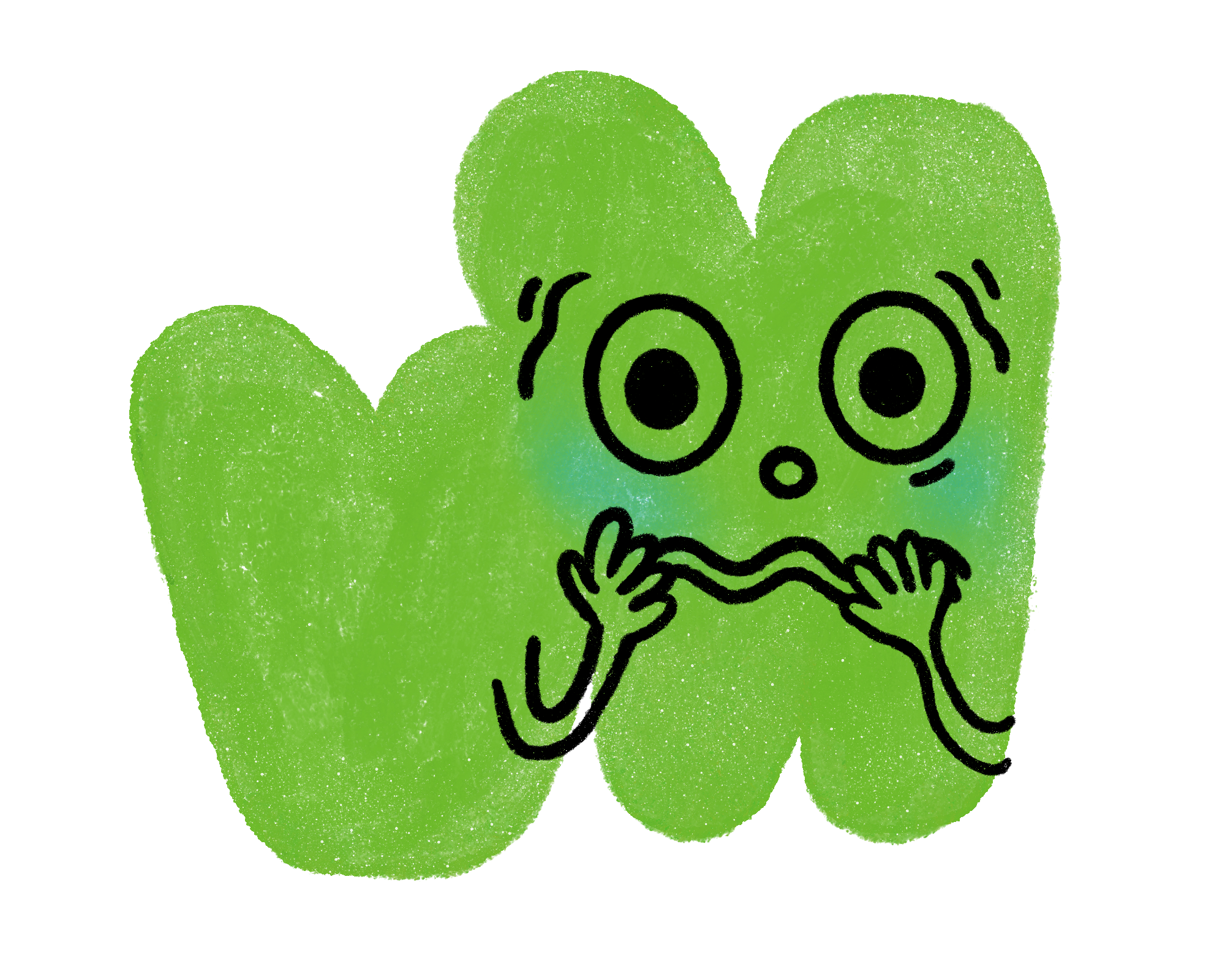 A green cactus with a surprised cartoon face and hands holding its mouth.