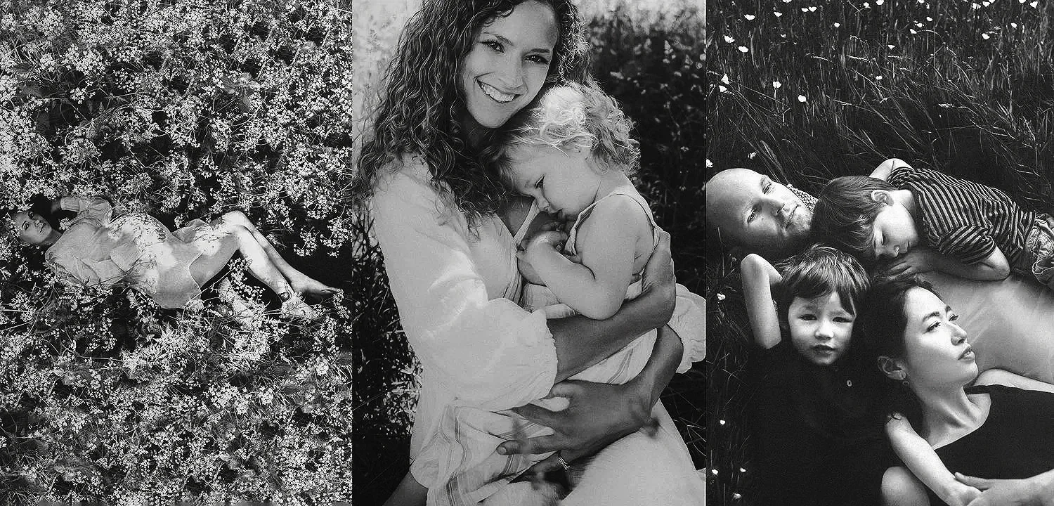 Three black and white photographs of families and children lying on grass and among flowers.