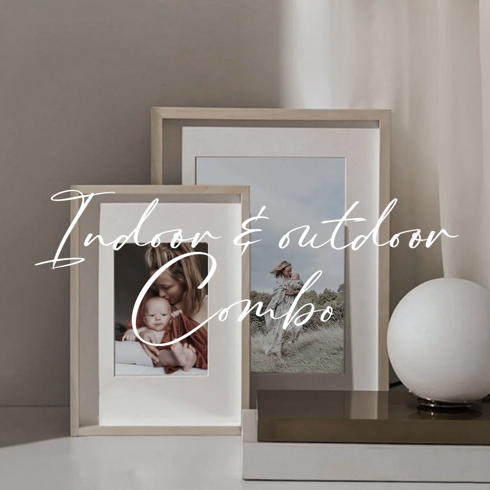 Lots of photographs in frames of a mother and her baby boy.