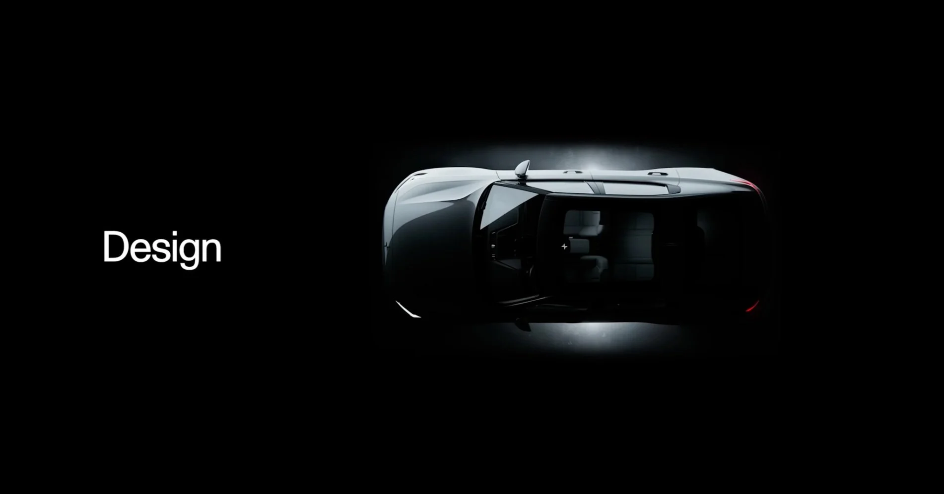 Polestar 設計理念影片：黑色背景上的俯視汽車與 Design 字樣