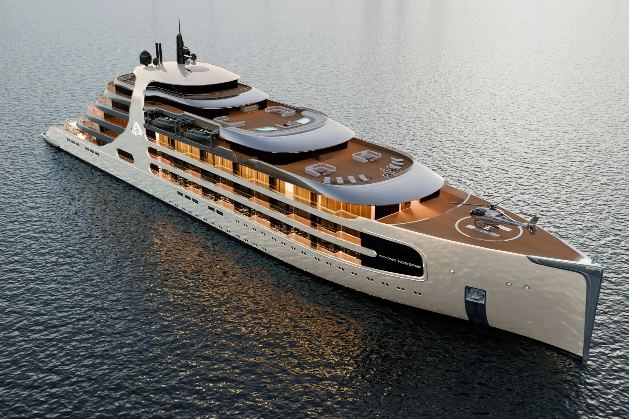 Großer moderner Luxus-Yacht auf dem Wasser, mit mehreren Decks, Sonnenliegen und einem Hubschrauber auf dem Vorderdeck.