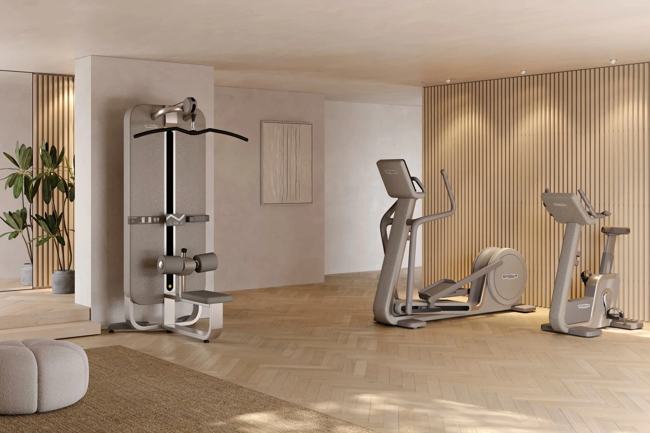 Ein Fitnessraum mit Cardio- und Krafttrainingsgeräten, Holzlaminatreppen, Pflanze und Wanddekoration in neutralen Tönen.