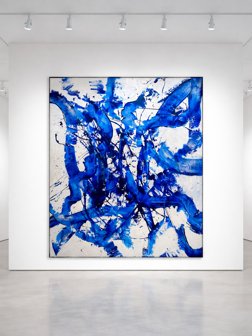 Abstraktes Gemälde mit blauen Pinselstrichen auf weißem Hintergrund in einem Kunstmuseum