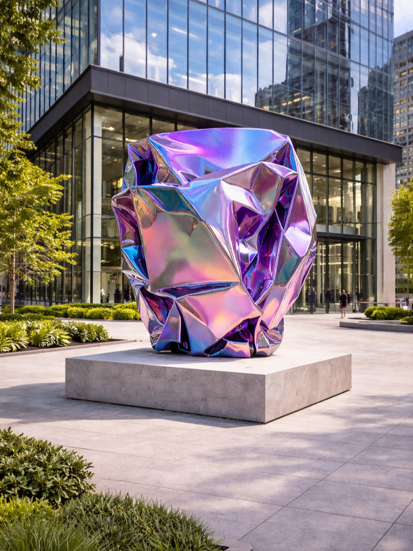 Skulptur aus schimmerndem, irisierendem Material auf einfachem Betonpodest vor modernem Glasgebäude in einer städtischen Umgebung, umgeben von Büschen und Bäumen.