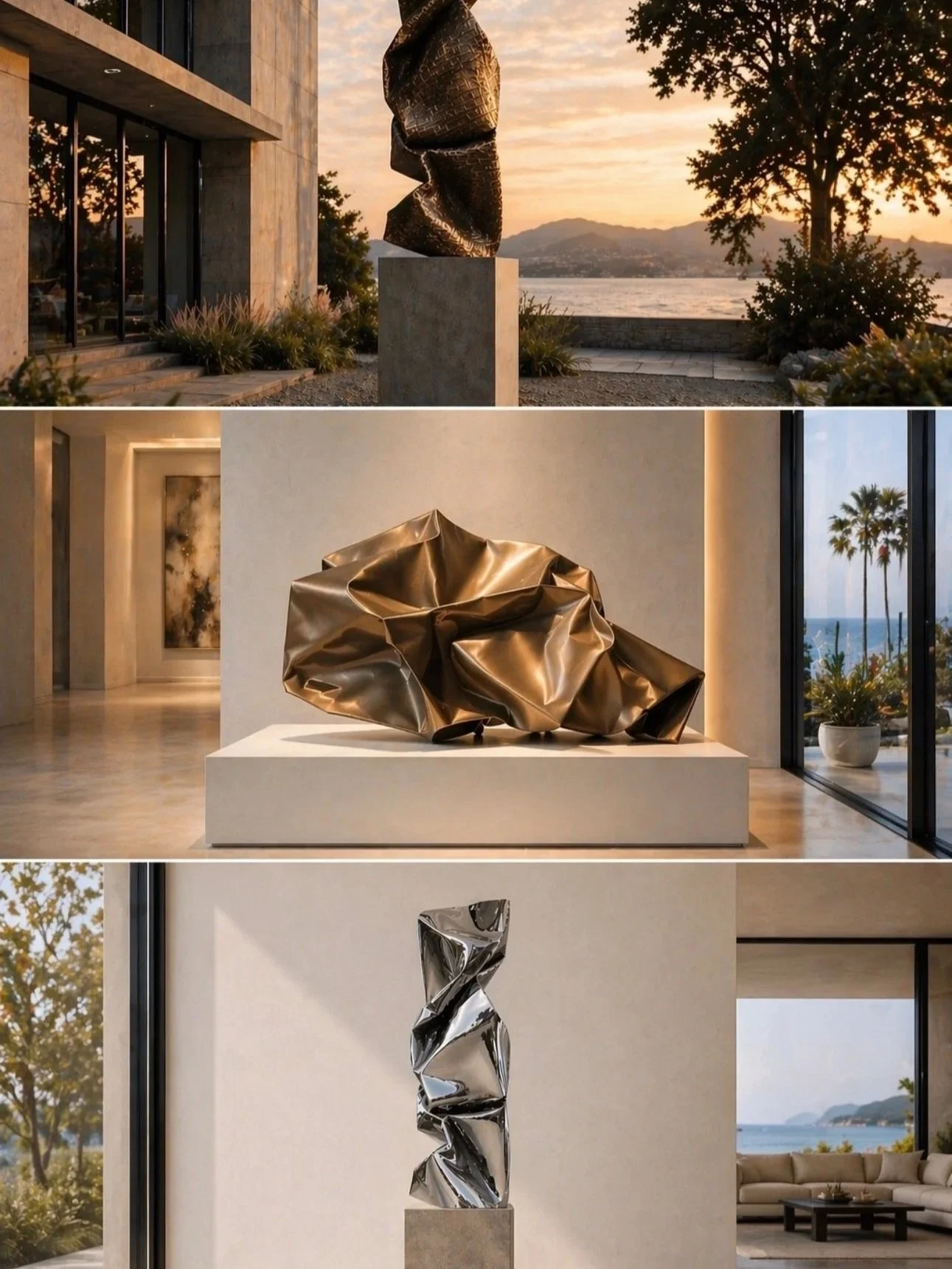 Drei Skulpturen in einem modernen Haus mit Blick auf Wasser und Berge bei Sonnenuntergang. Die Skulpturen bestehen aus gebogenem Metall in unterschiedlichen Farben und formen abstrakte Figuren.