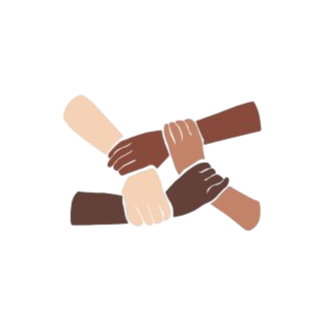Four hands of different skin tones joining together in a square formation.