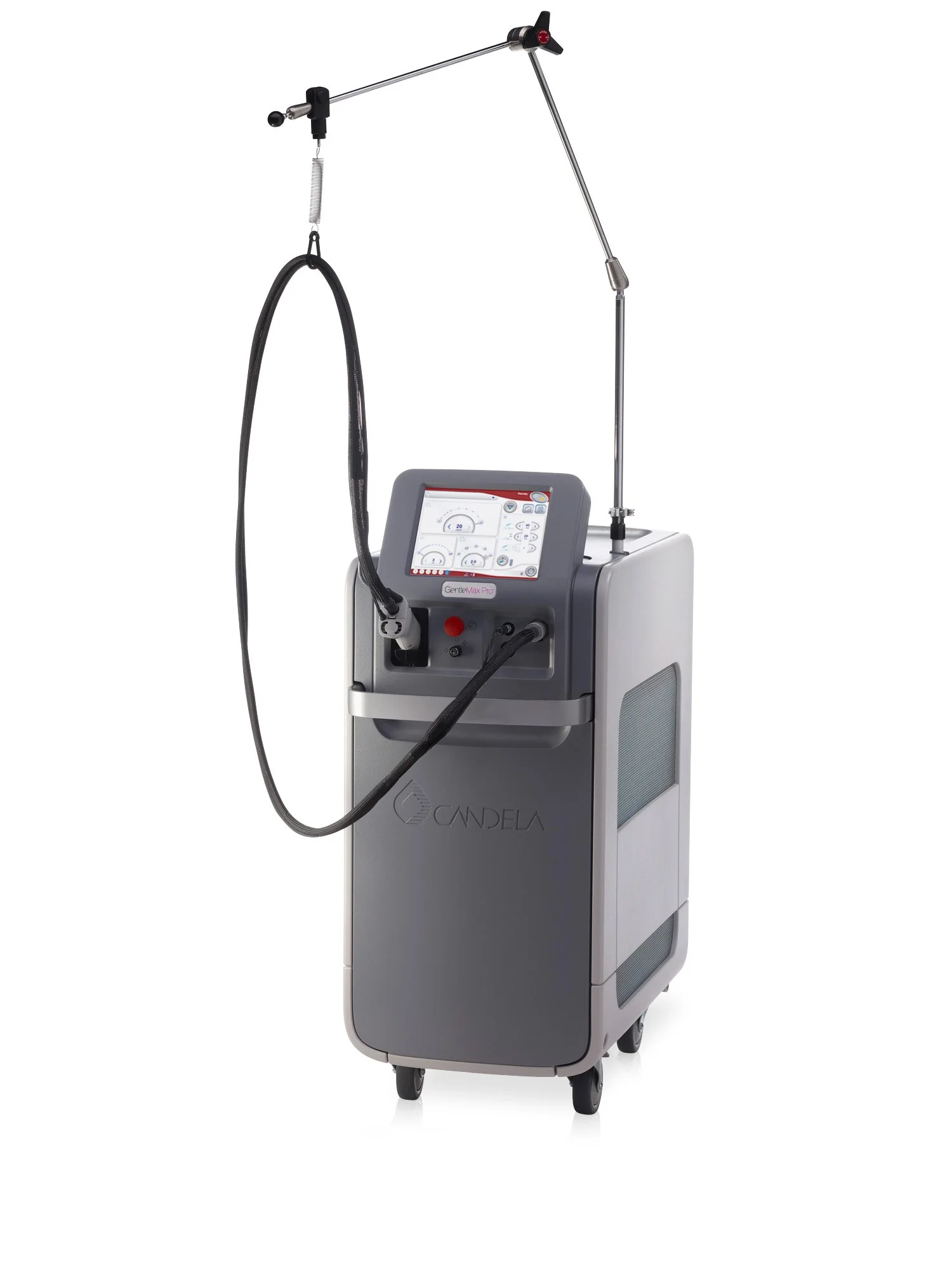 Medical device with a touchscreen display, attached hose, and arm with a metal rod, labeled Candela, used for laser treatments.