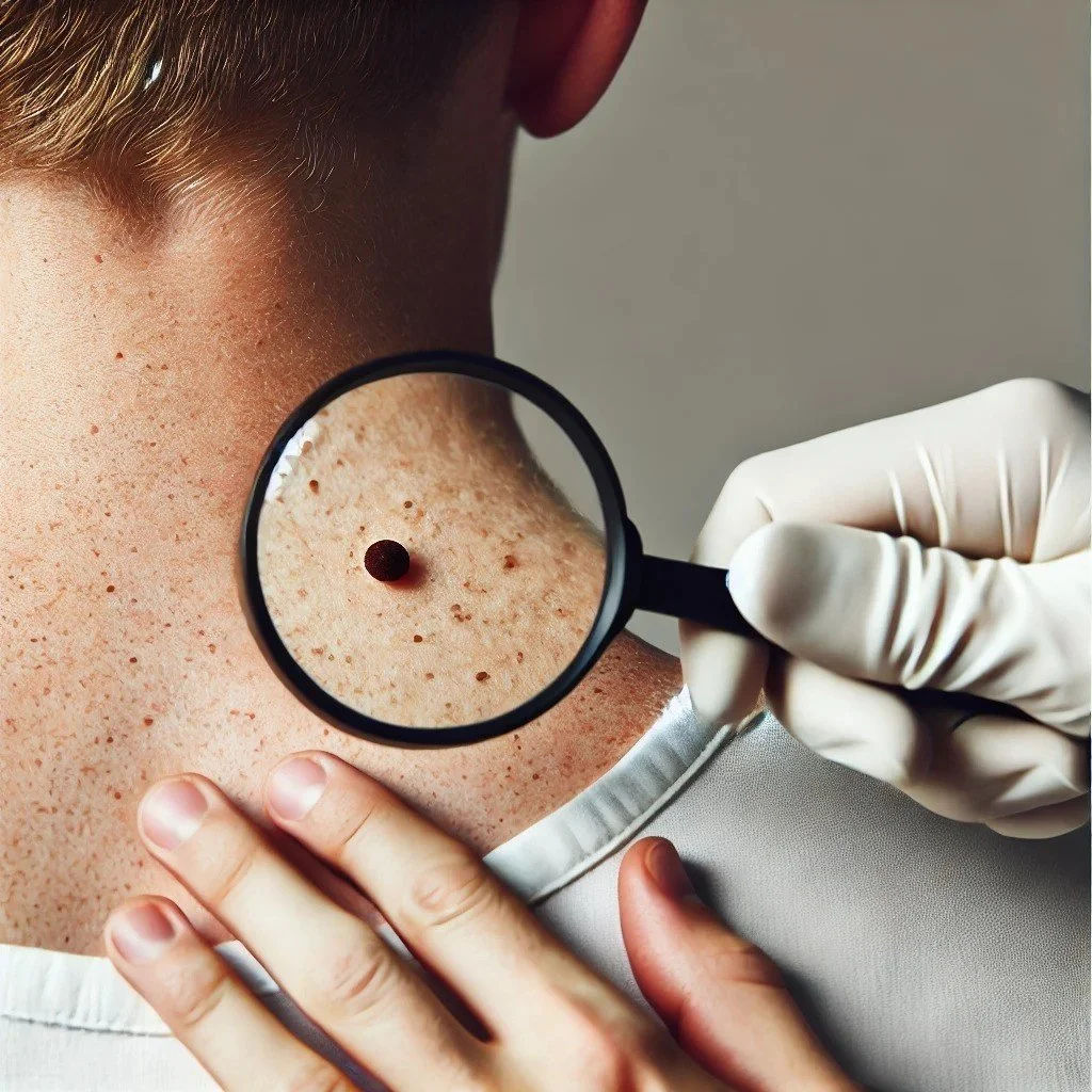 A medical professional examines a person's skin with a magnifying glass, focusing on a mole on the neck.