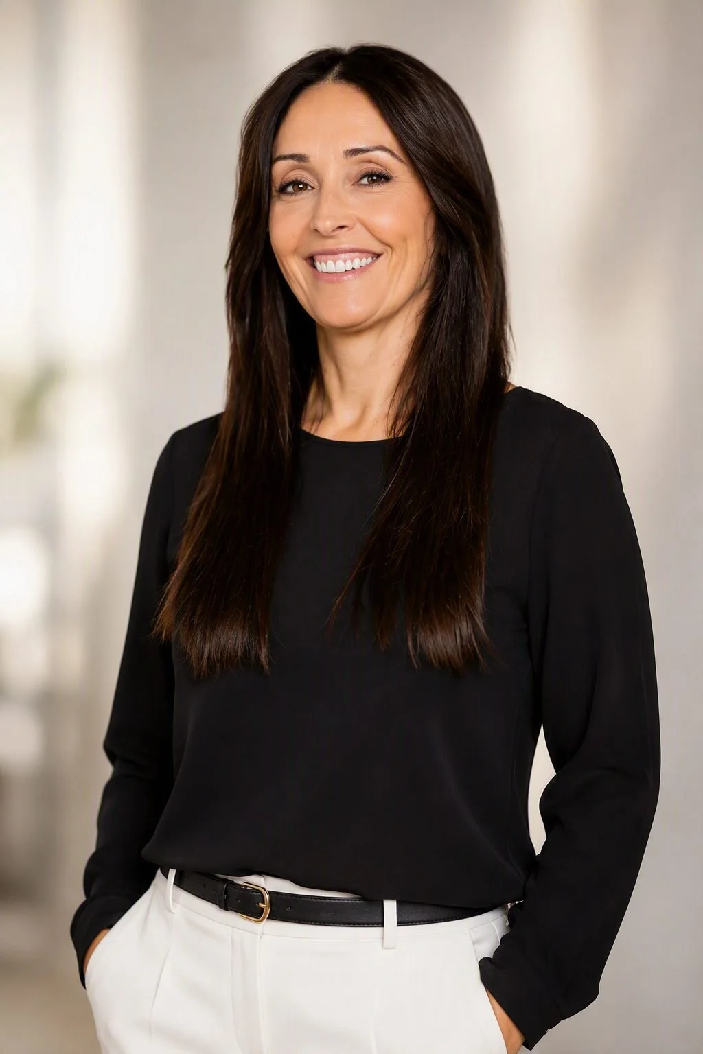 A woman with long dark hair, wearing a black blouse and white pants, smiling at the camera indoors.