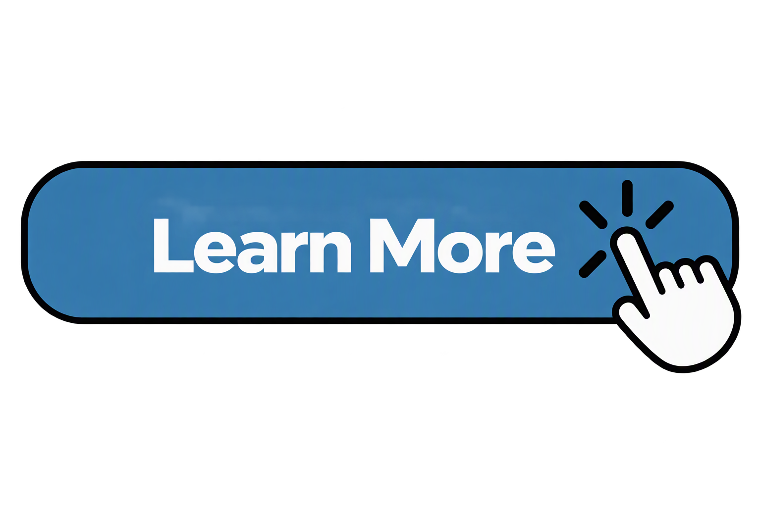 Blue clickable button with the words 'Learn More' and a hand icon clicking on it.