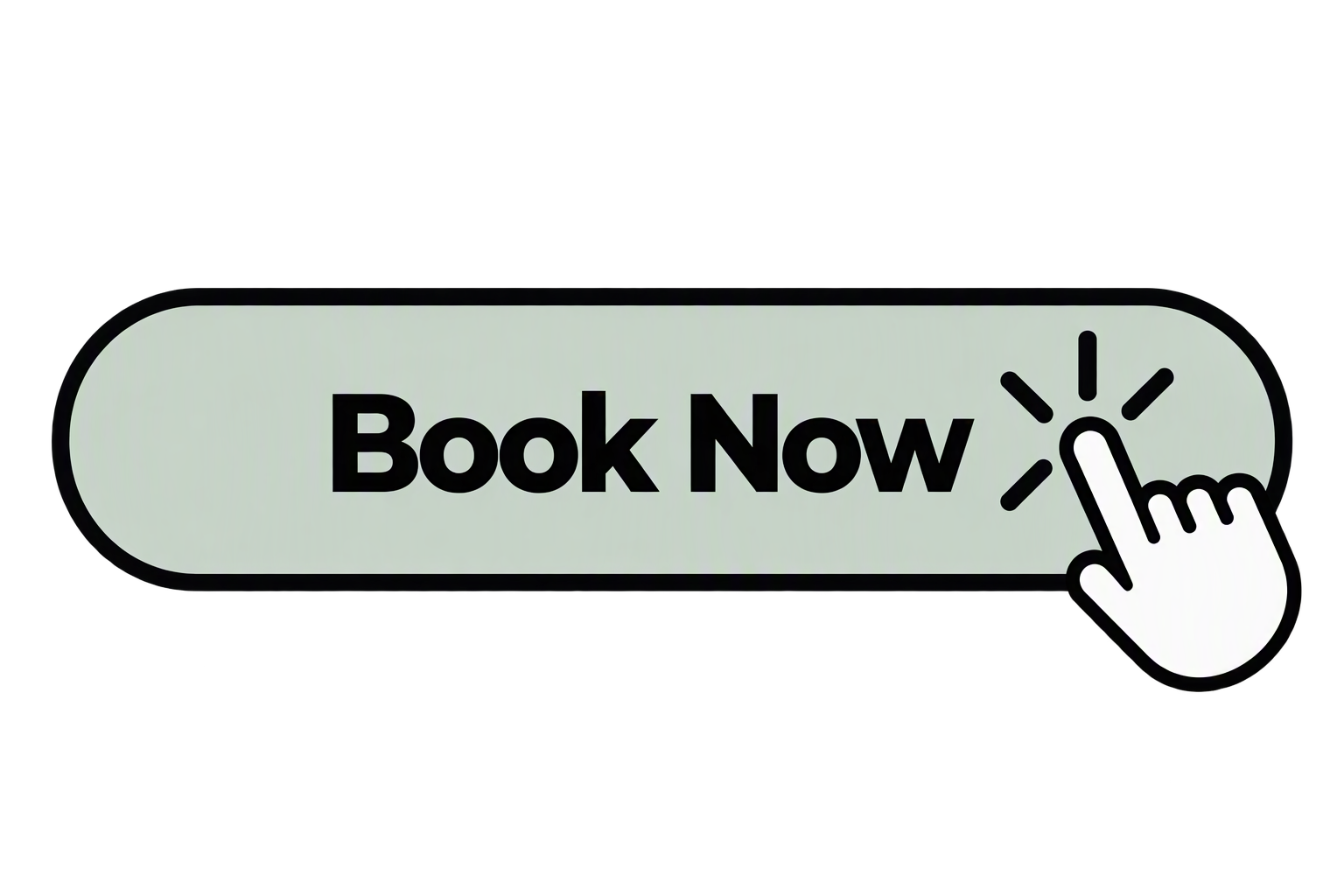 A digital button with the words "Book Now" in bold black text and a white hand icon clicking on it, set against a dark background.