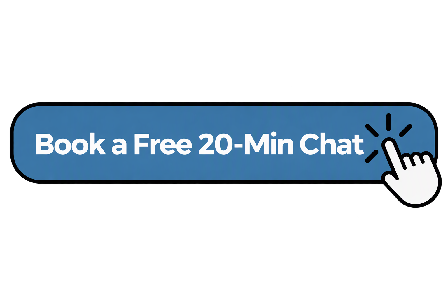 A digital button with a blue background and black border reads 'Book a Free 20-Min Chat' with a white cursor icon clicking on it.