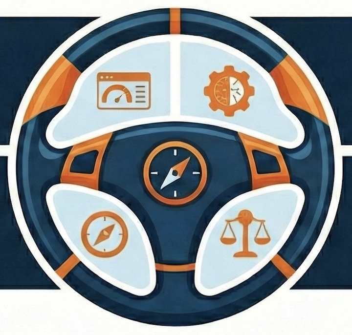 Graphic of a steering wheel with four icons around it: a dashboard with gauges, a gear with a clock, a compass, and a balance scale, representing navigation, time management, direction, and justice.