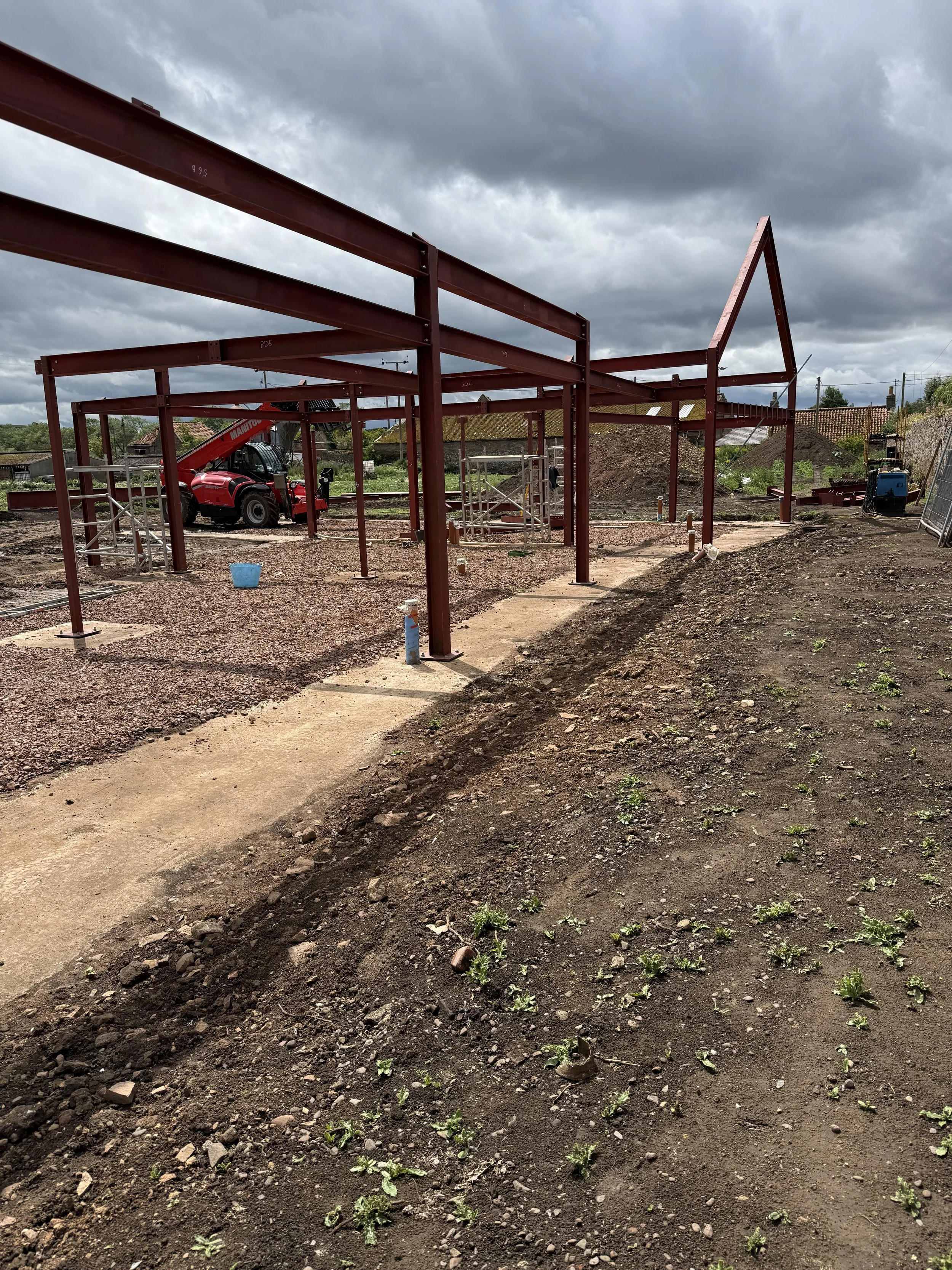 Construction site with red steel framing for a building, with a small blue bucket and construction equipment, under cloudy sky.