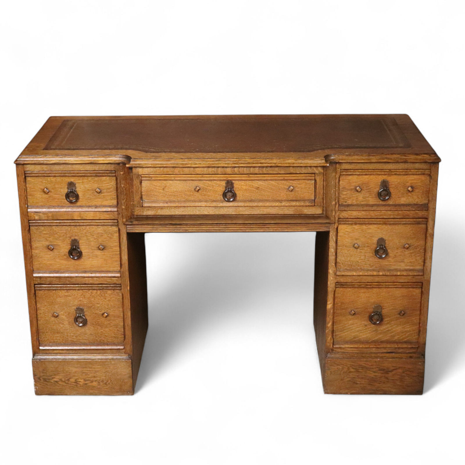 Early 20th Century Oak Leather Top Pedestal Desk On Casters - 7 Drawer