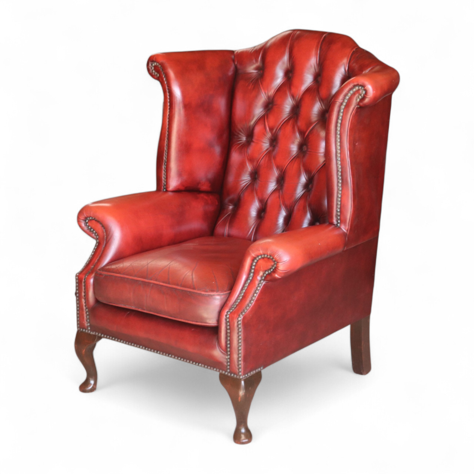 Vintage Oxblood Red Leather Wingback Queen Anne style Chesterfield Armchair