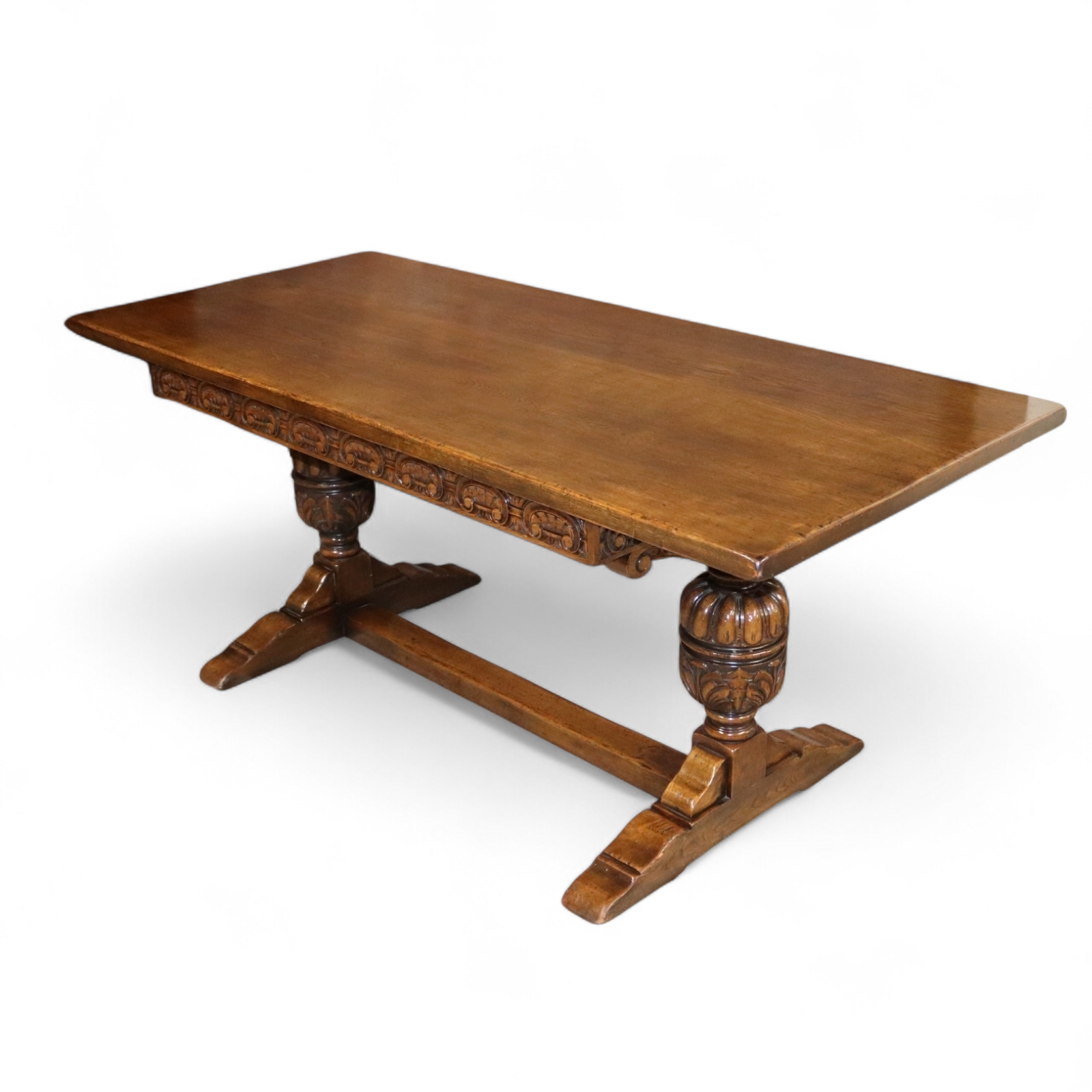 Vintage Solid Oak Refectory Dining Table With Trestle Base - 17th Century Style