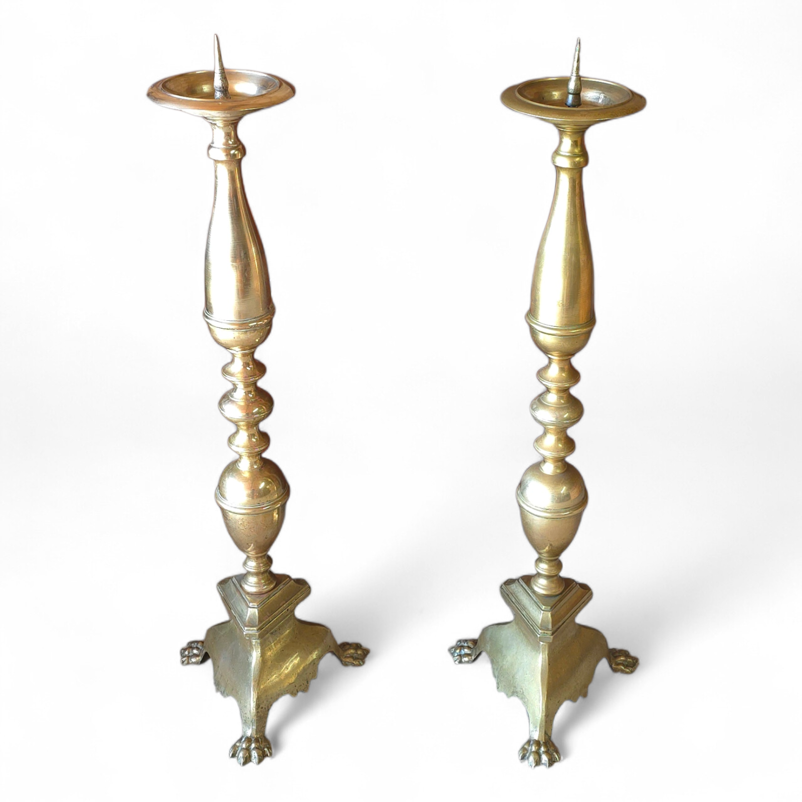 Pair Huge 42" Antique Brass Floor Candlesticks Tall Church Altar Pricket Stands