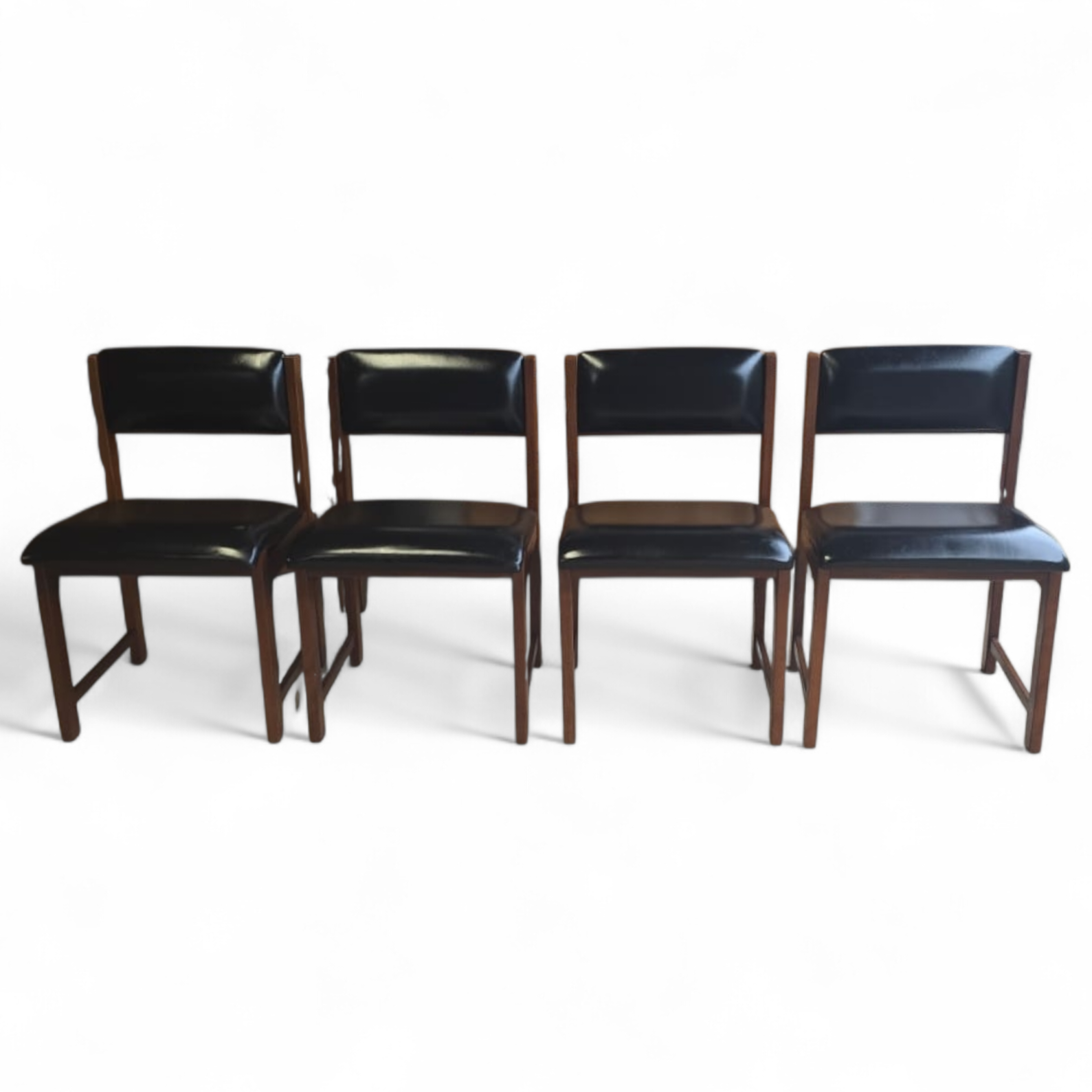 Set of 4 Mid Century Teak Dining Chairs - Pivoting Tilt Back - Black Vinyl MCM