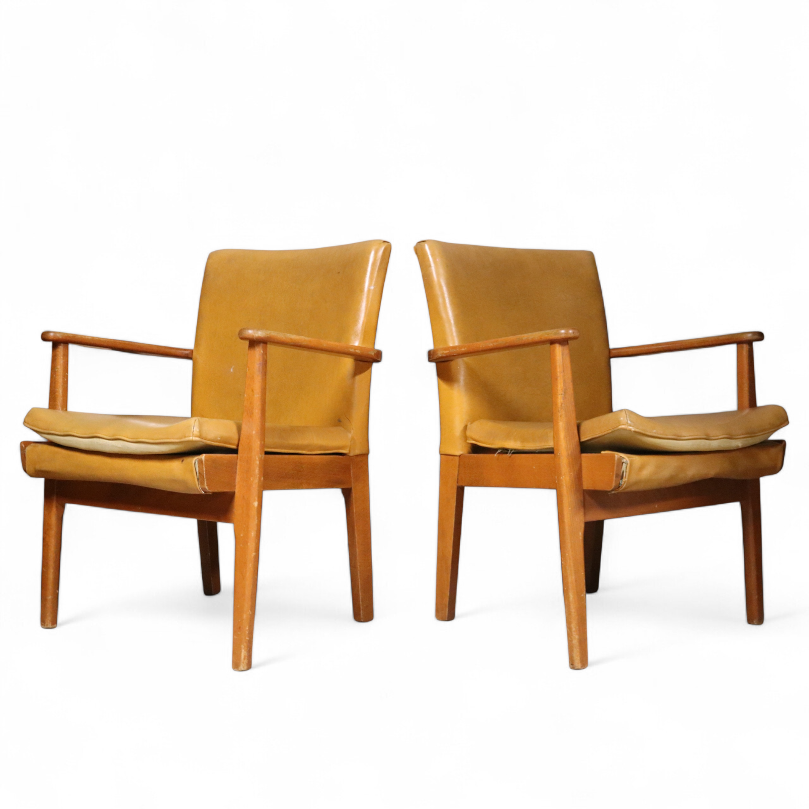 Pair of Vintage Parker Knoll PK 733 Armchairs - Mid Century Beech - Tan Vinyl
