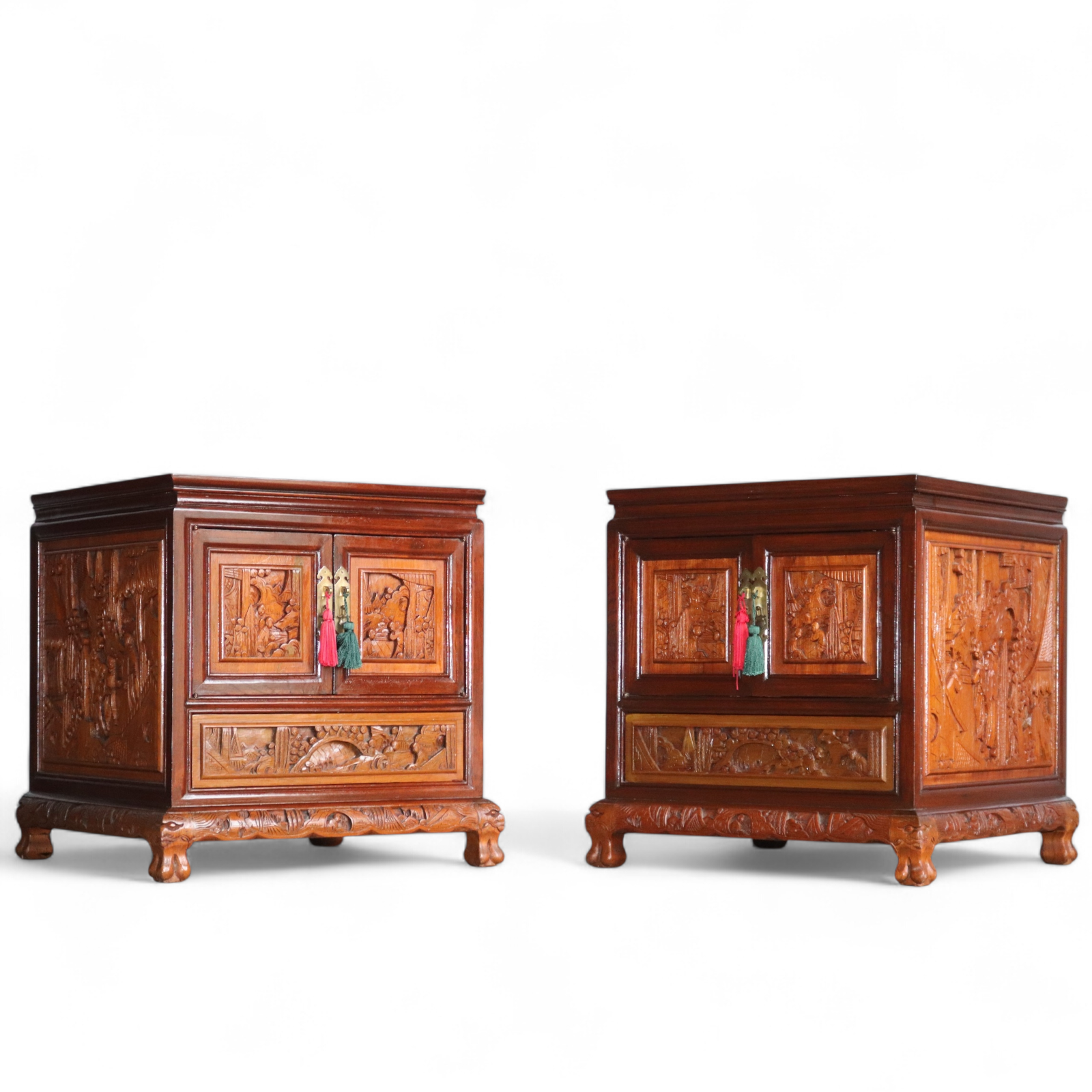 Pair Of Vintage Chinese Carved Wood Bedside Cabinets
