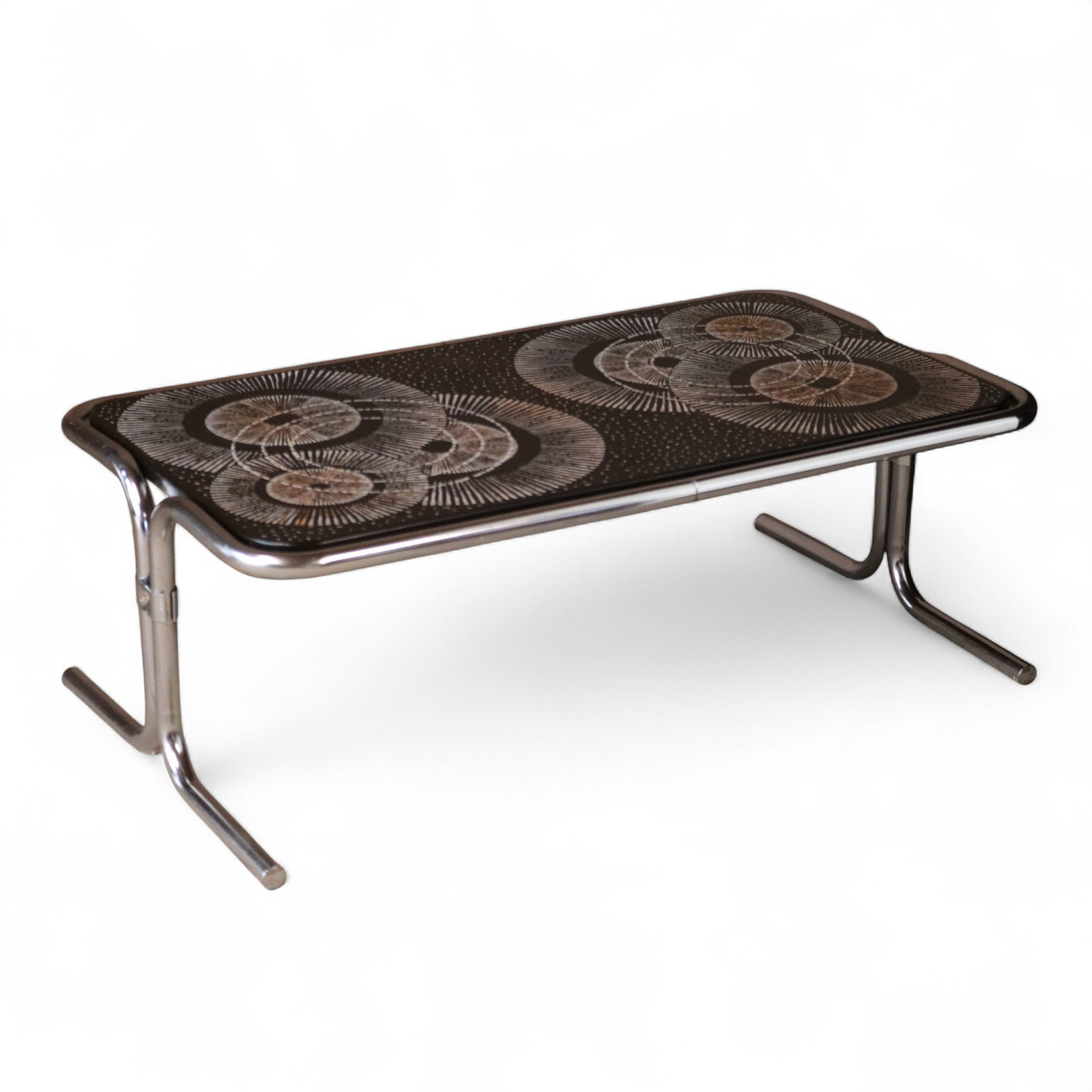 Mid Century 1970s Tubular Chrome Coffee Table Retro Space Age Sunburst Top