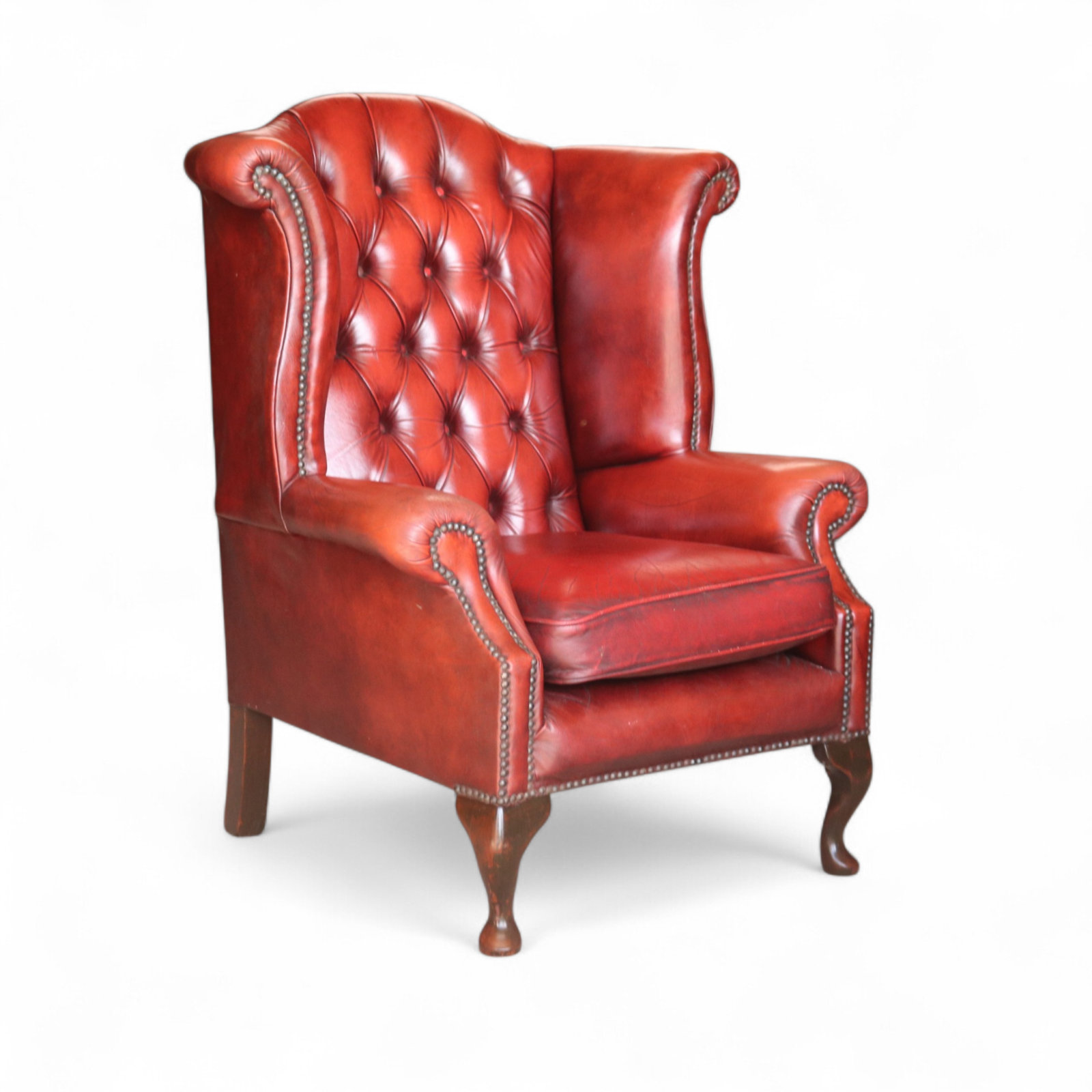Vintage Oxblood Red Leather Wingback Queen Anne style Chesterfield Chair