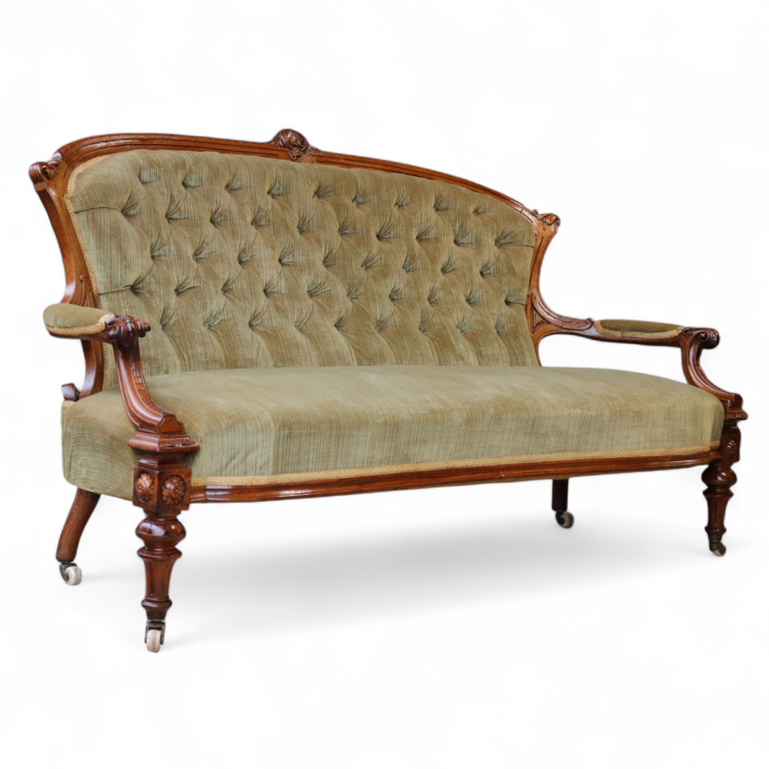 Antique Victorian Carved Walnut Sofa 19th Century Button Tufted Velvet Settee