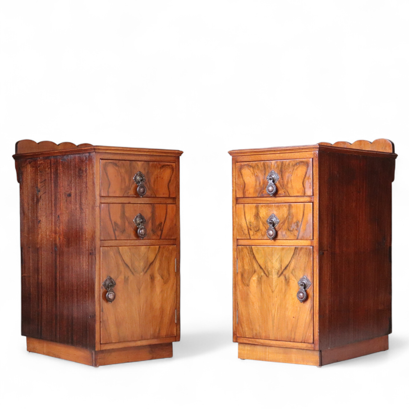 Pair Art Deco Bedside Cabinets 1930s Burr Walnut Pot Cupboards Nightstands