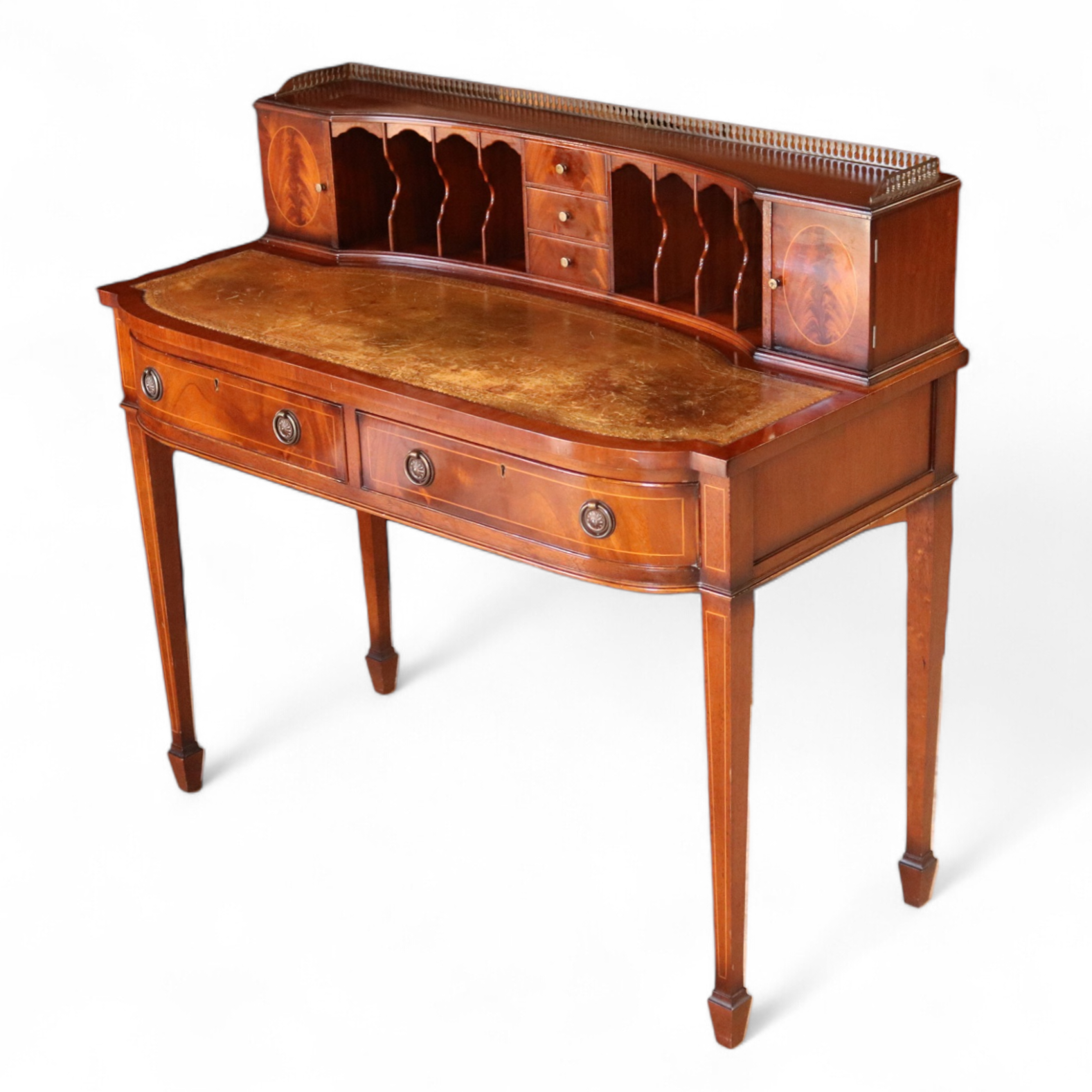 Vintage Mahogany Bonheur Du Jour Leather Top Regency style Writing Desk