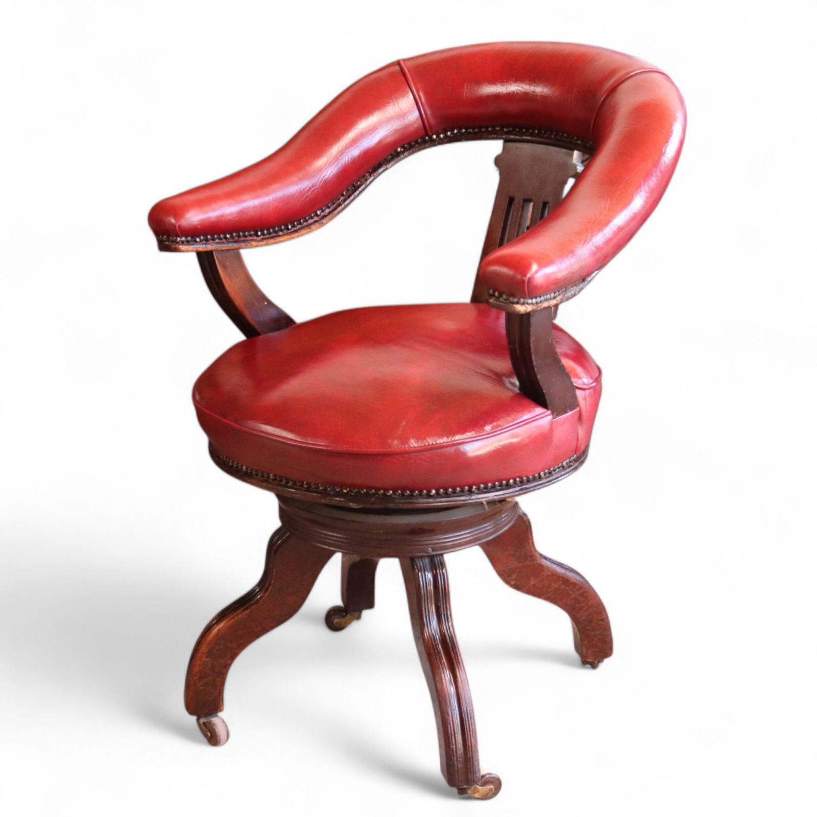 Antique Horseshoe-Back Smoker’s Desk Chair Red Leather Captain's Chair