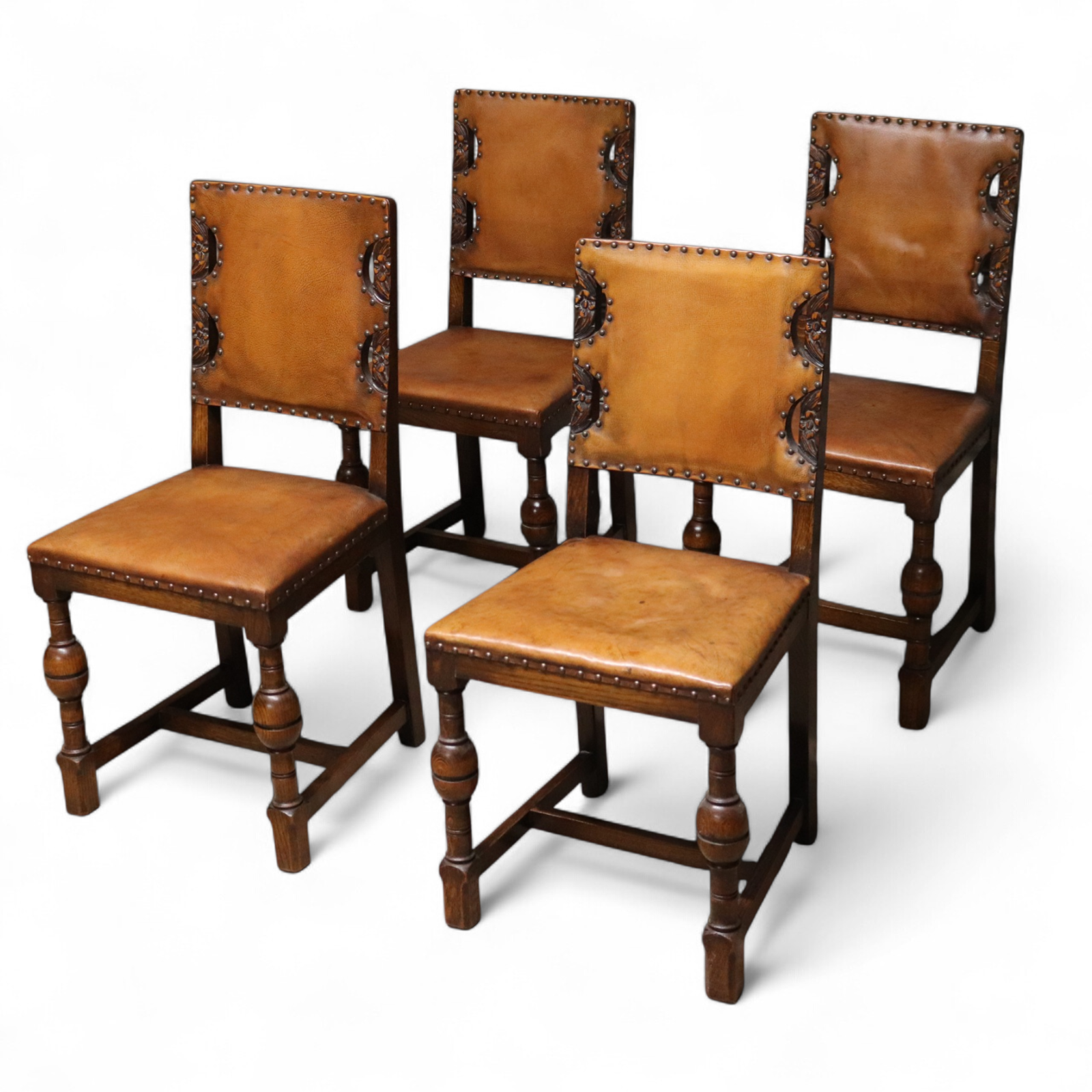 Set of 4 HEIRLOOM Oak & Leather Dining Chairs - Cromwellian / Jacobean Style