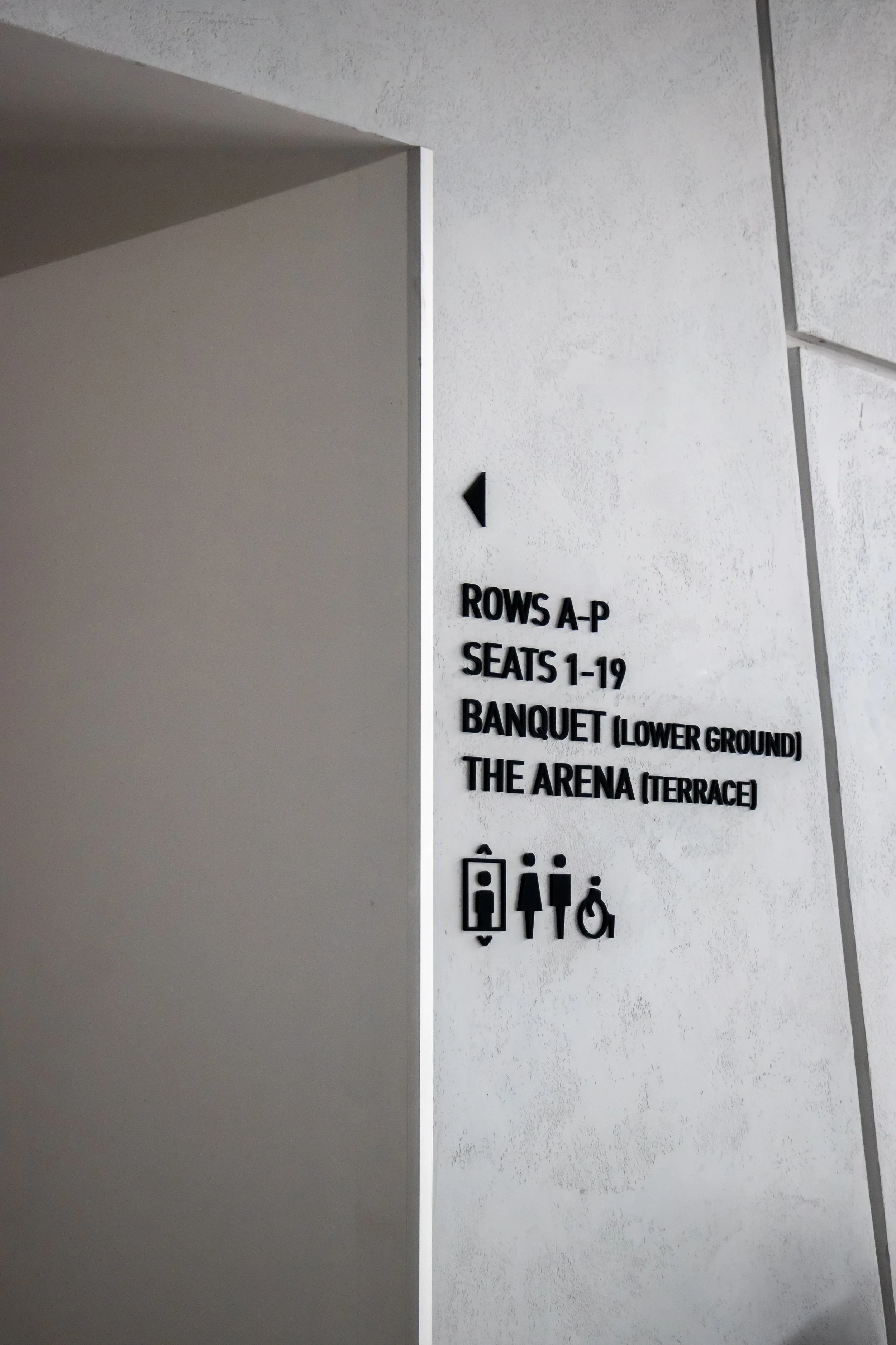 Sign indicating directions to rows A-P, seats 1-19, banquet room, and arena terrace, with icons for elevator, restrooms, and wheelchair accessibility.