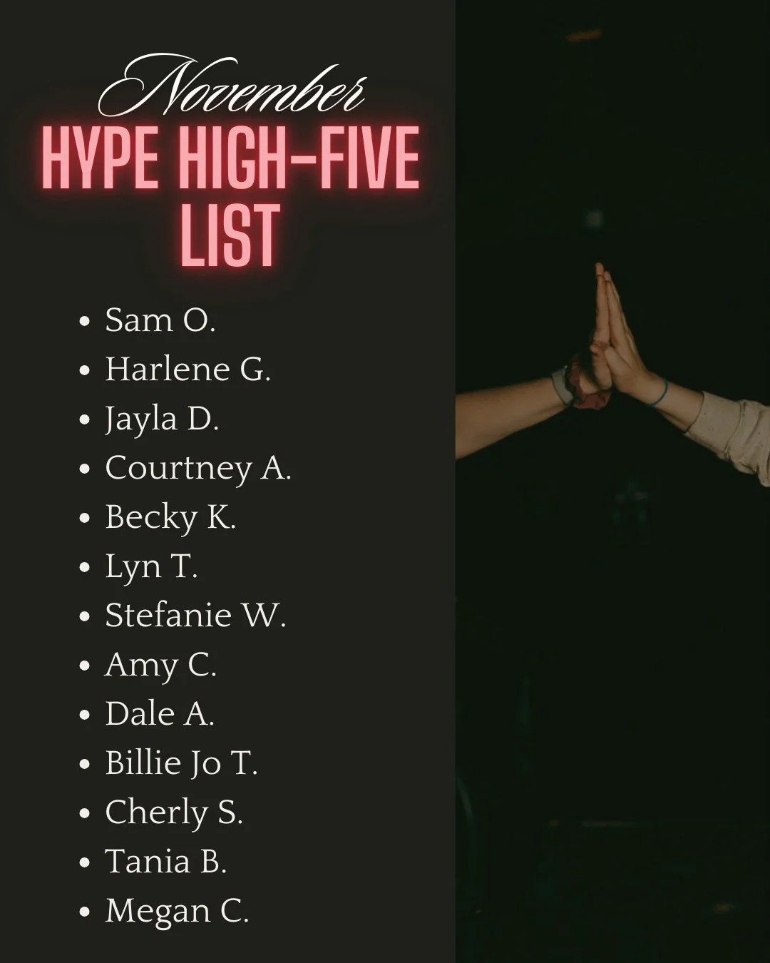 We&rsquo;re wrapping up November with another Hype High Five monthly shoutout!

✨ Front Row Riders &ndash; Those who took the leap and rode in the front row for the very first time this month&mdash;plus the ones who tried it once and realized, &ldquo