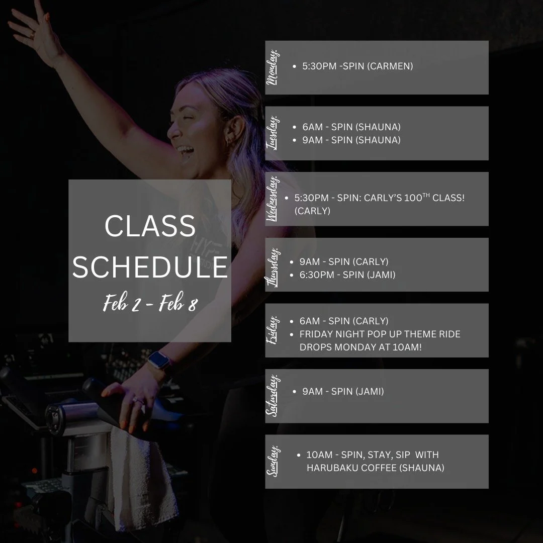 This week we're choosing consistency over intensity. Show up as you are, move your body, clear your mind, and let that be enough. 💫

Join @spinitwithcarly on Wednesday evening to celebrate her 100th class! 

Ride in our pop-up theme ride on Friday n