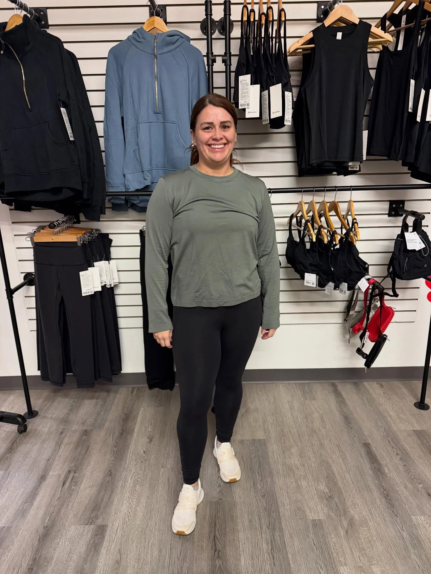 A sporty look from @daleeandreww today! Dale is wearing:

✨lululemon Swiftly Relaxed Long Sleeve in willow leaf (Only two left - size 6 &amp; size 12)
✨lululemon Wunder Train HR leggings 25&rdquo; in black (sizes 2-20)
✨ TIEM Lynx shoes in champagne 